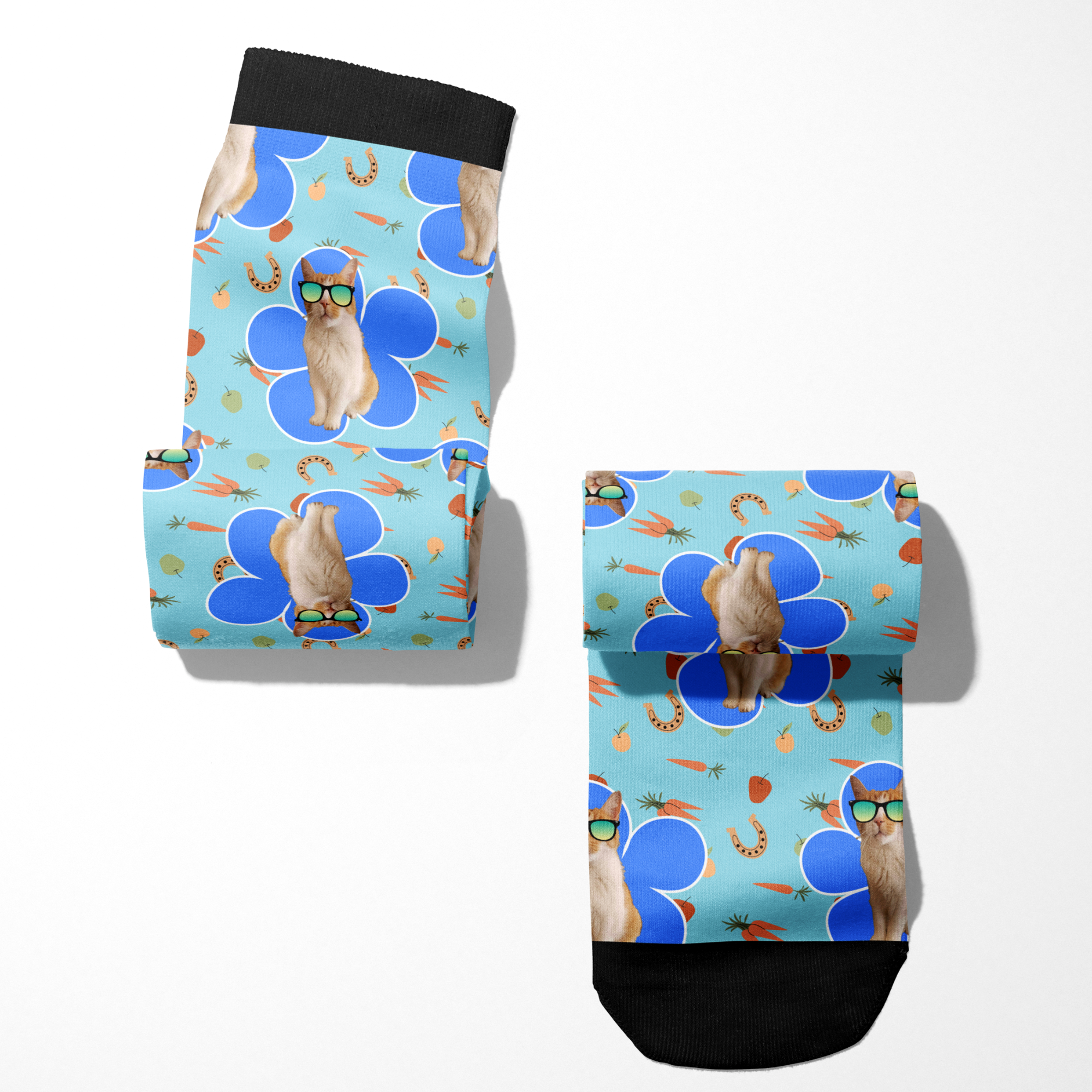 Custom Flower with Stable Snackies Socks featuring personalized pet and food pattern on blue background