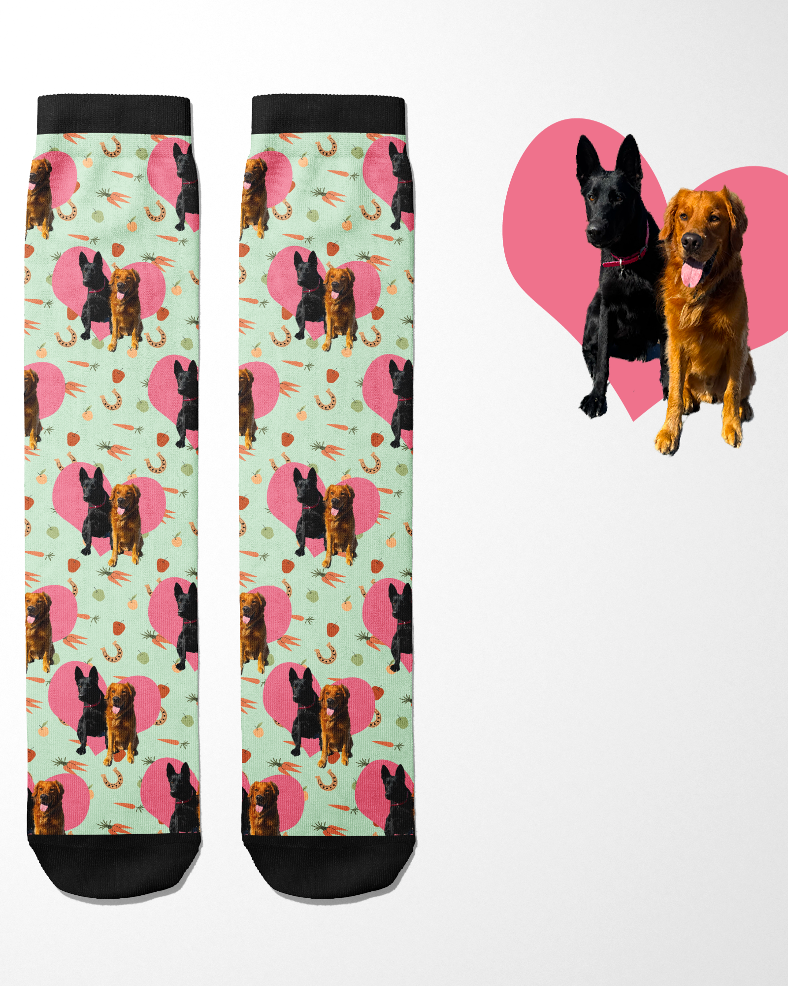 Custom Heart with Stable Snackies Socks featuring personalized dog photo with heart background pattern