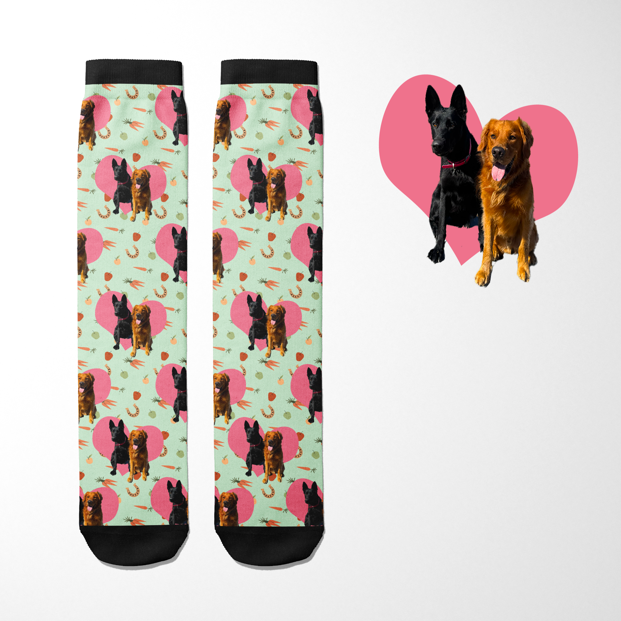 Custom Heart with Stable Snackies Socks featuring personalized dog photo with heart background pattern