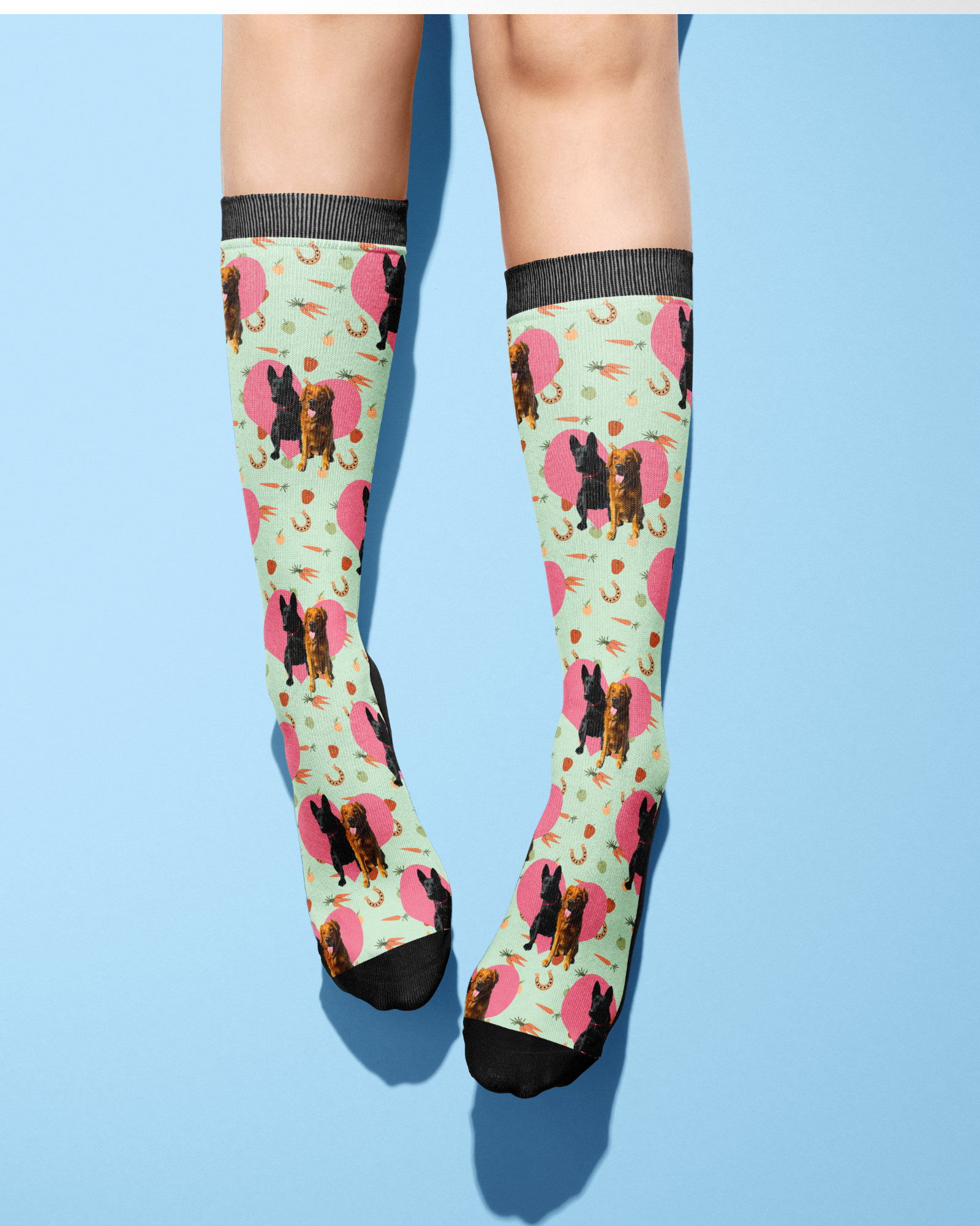 Custom Heart with Stable Snackies Socks featuring personalized horse and snack pattern on knee-high socks against blue background