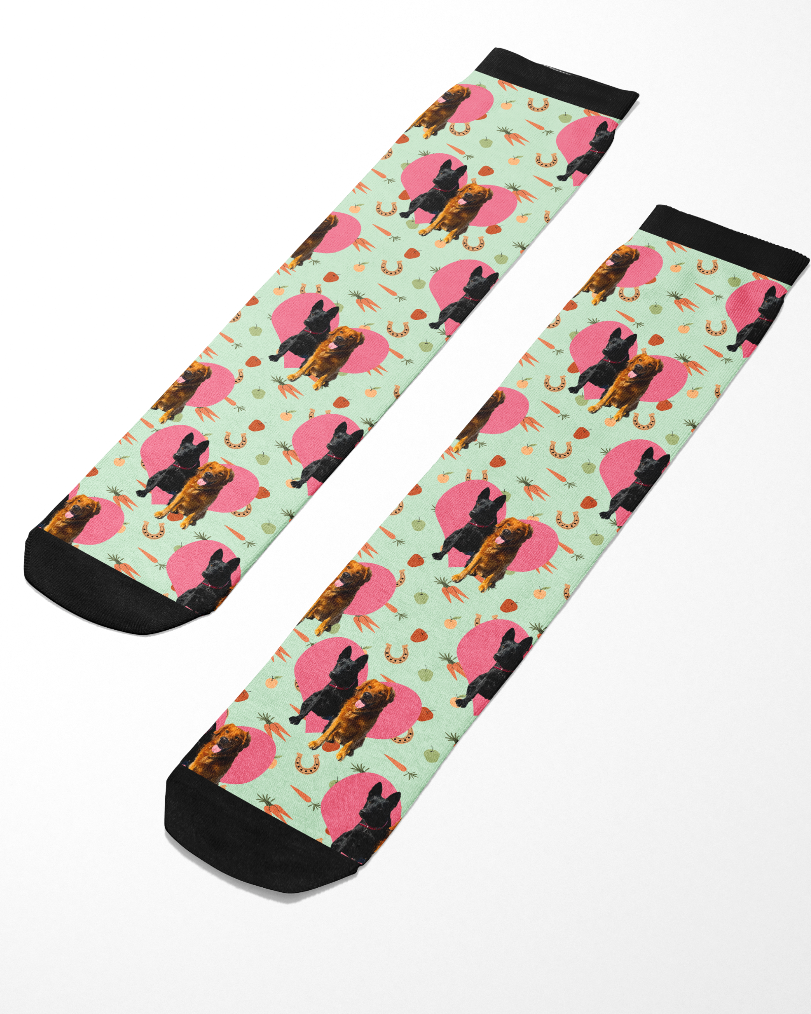 Custom Heart with Stable Snackies Socks featuring personalized horse and snackie pattern on mint background with black toes and cuffs