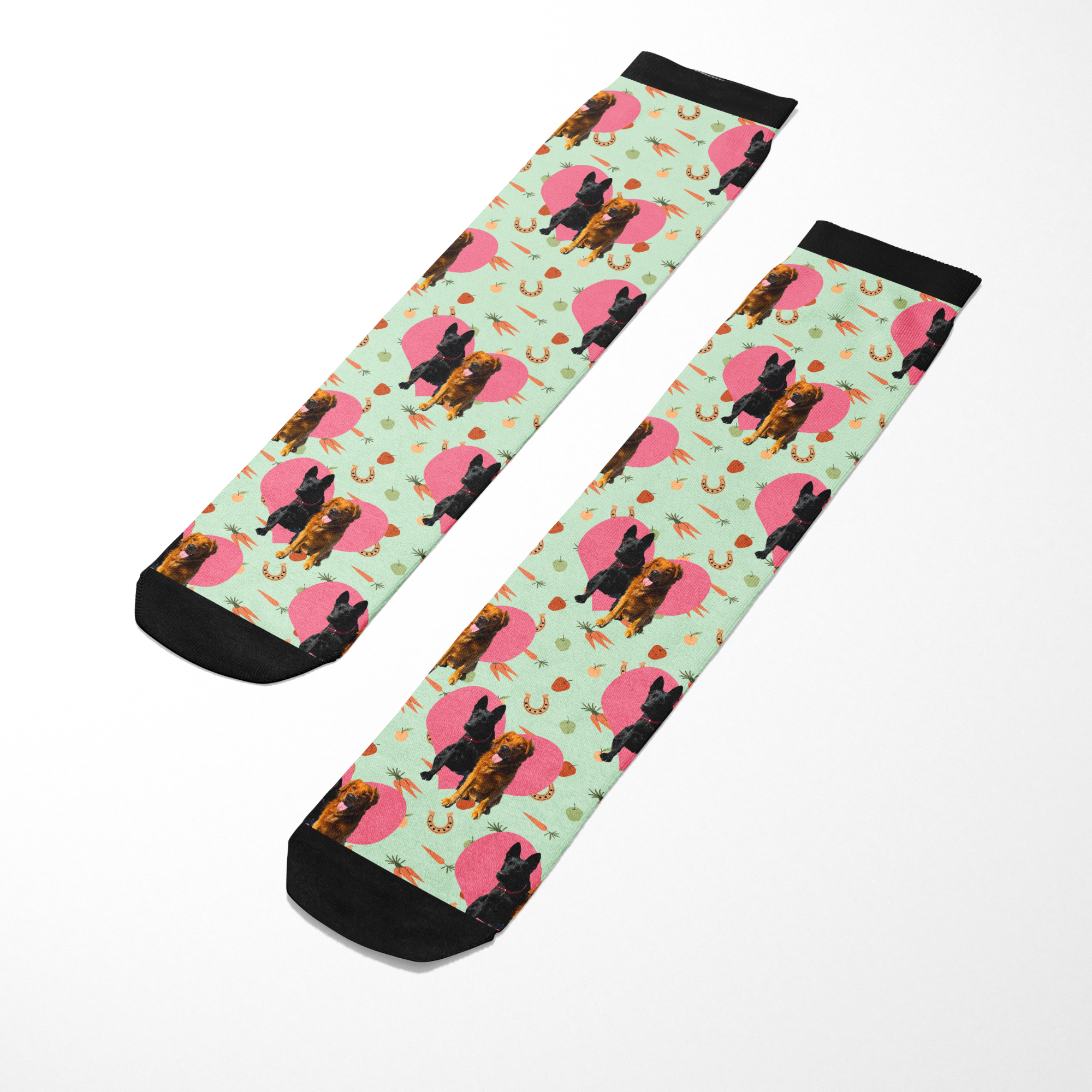 Custom Heart with Stable Snackies Socks featuring personalized horse and snackie pattern on mint background with black toes and cuffs