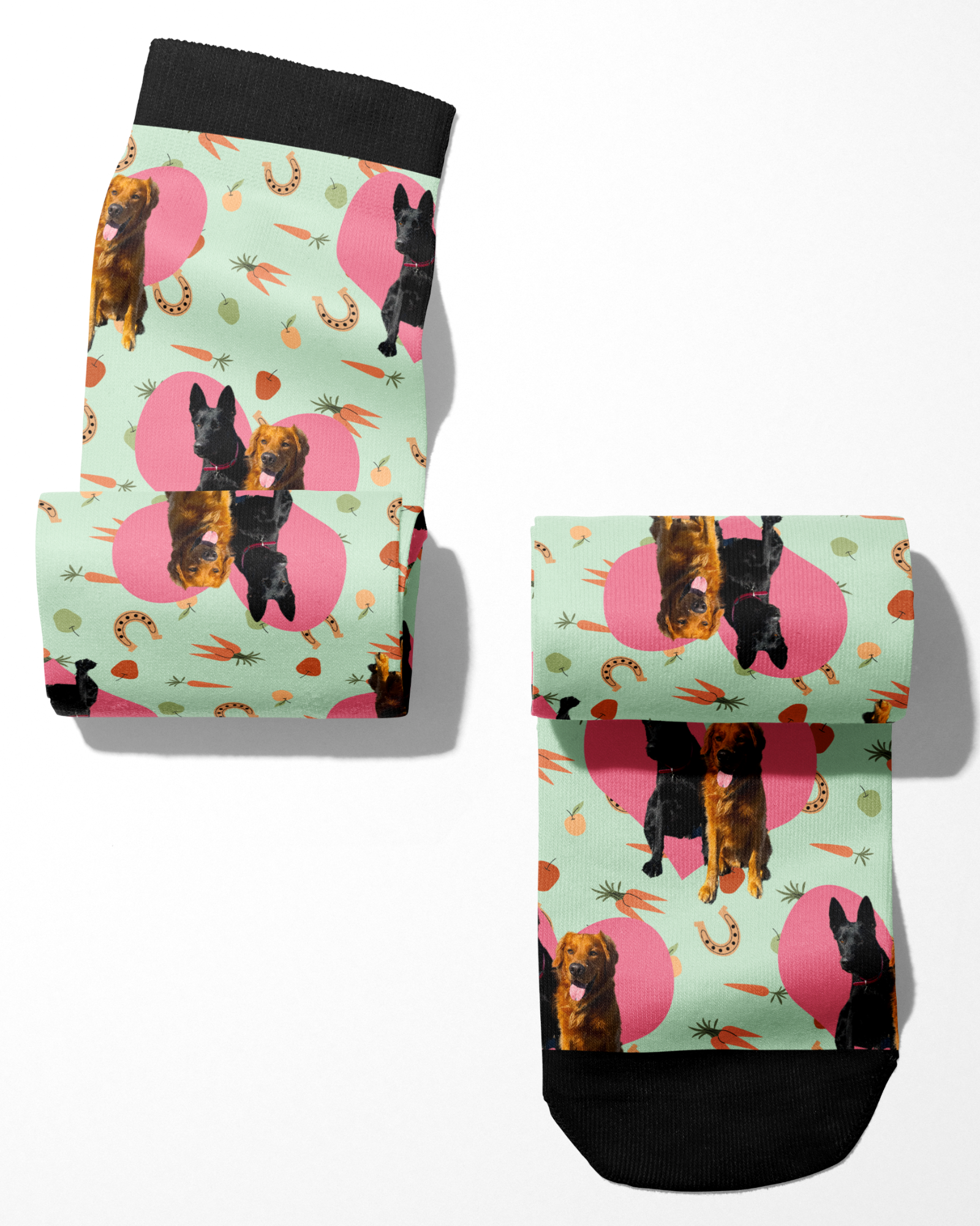 Custom Heart with Stable Snackies Socks featuring personalized dog images and snack-themed pattern on mint background