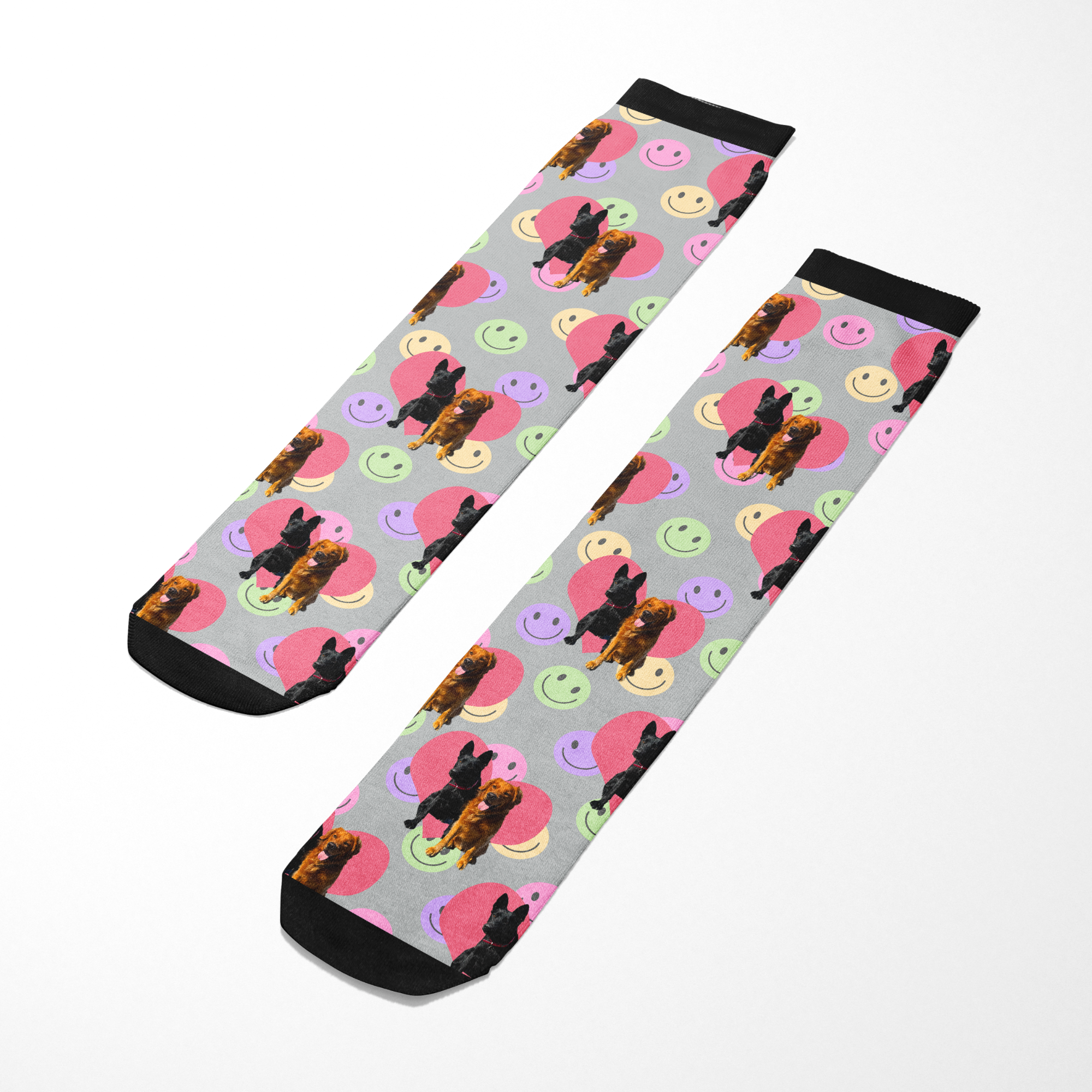 Custom Heart with Smiley Vibes Socks featuring personalized photo and colorful smiley faces pattern