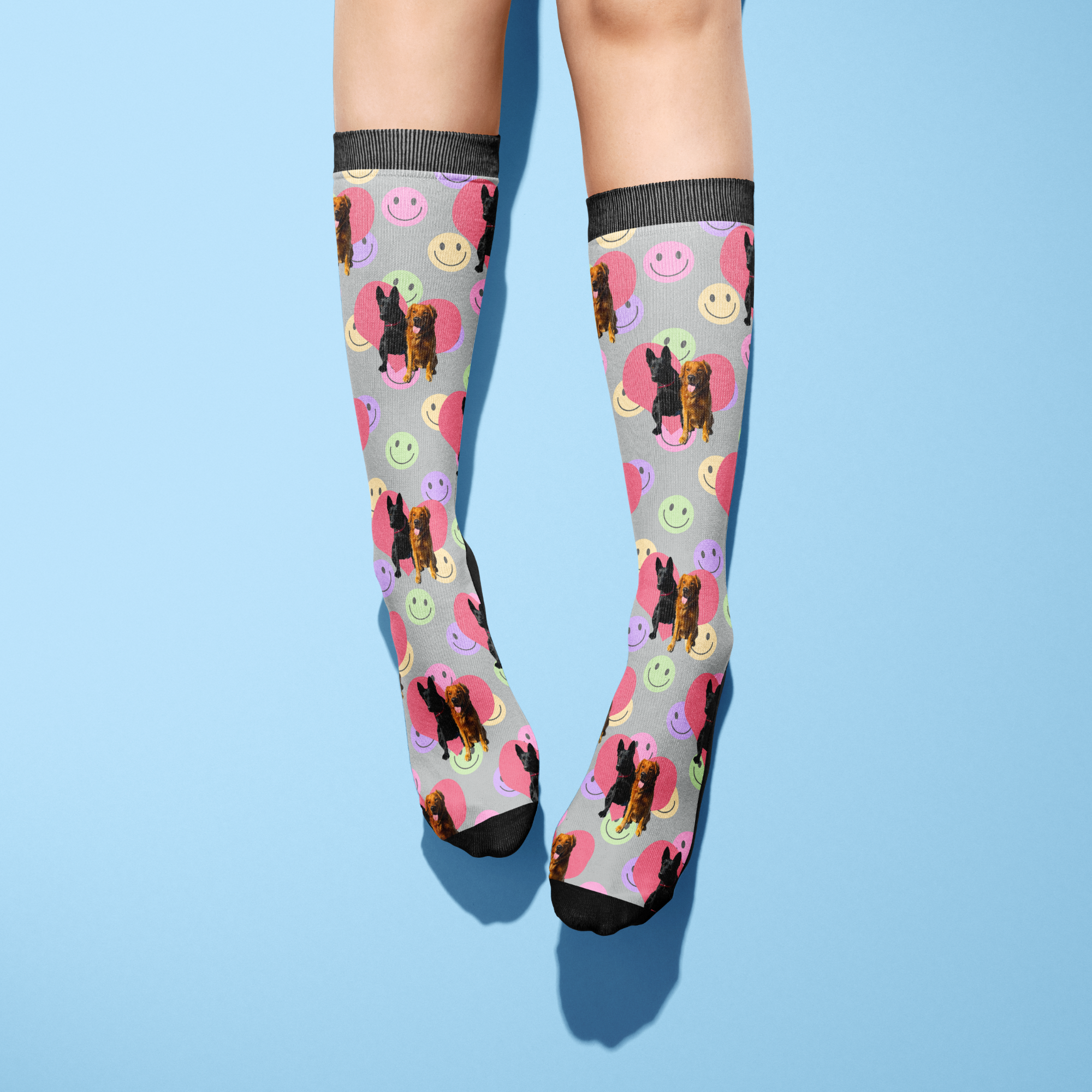 Custom Heart with Smiley Vibes Socks featuring colorful smiley faces and personalized photo design on blue background
