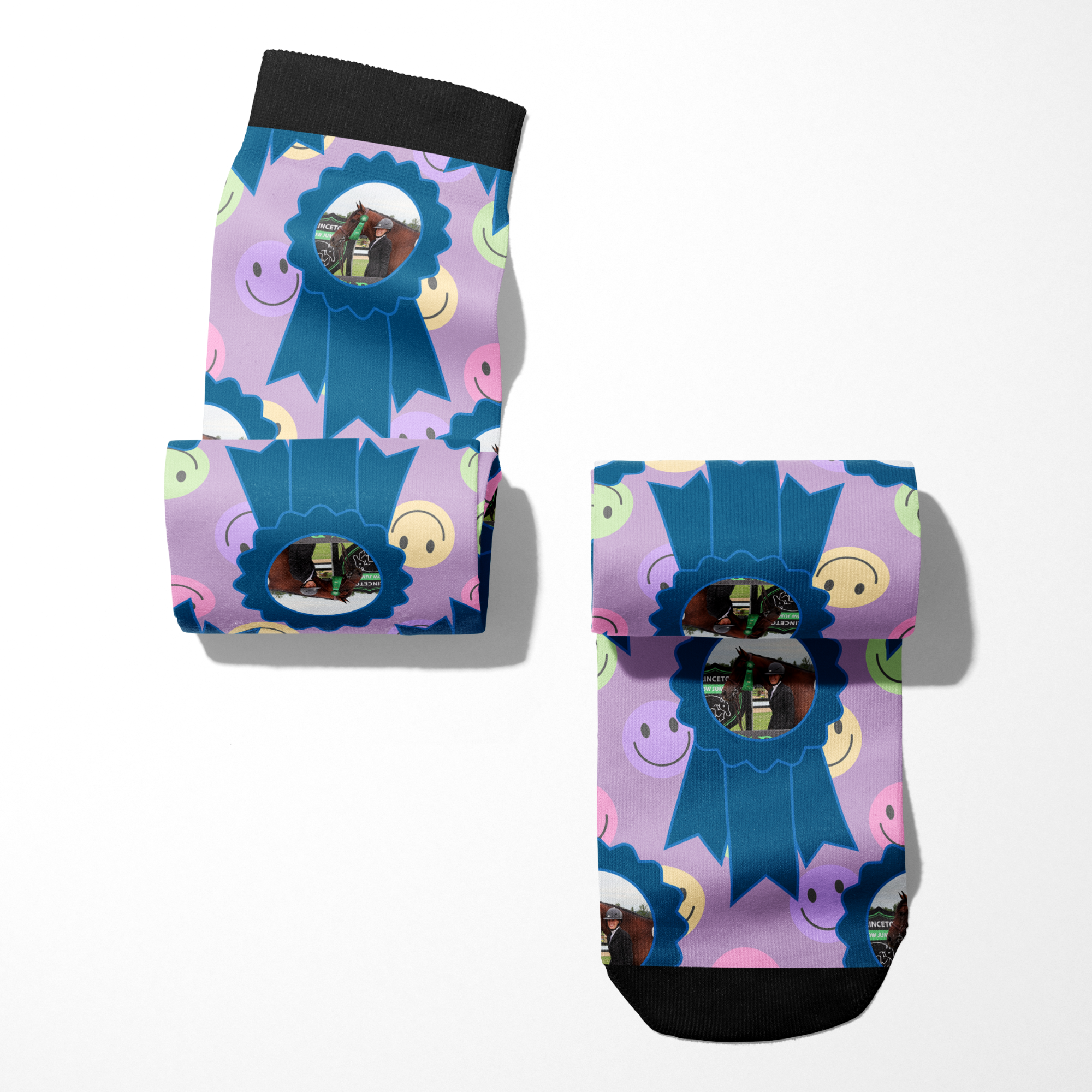 Custom blue ribbon socks with smiley faces and personalized photo design