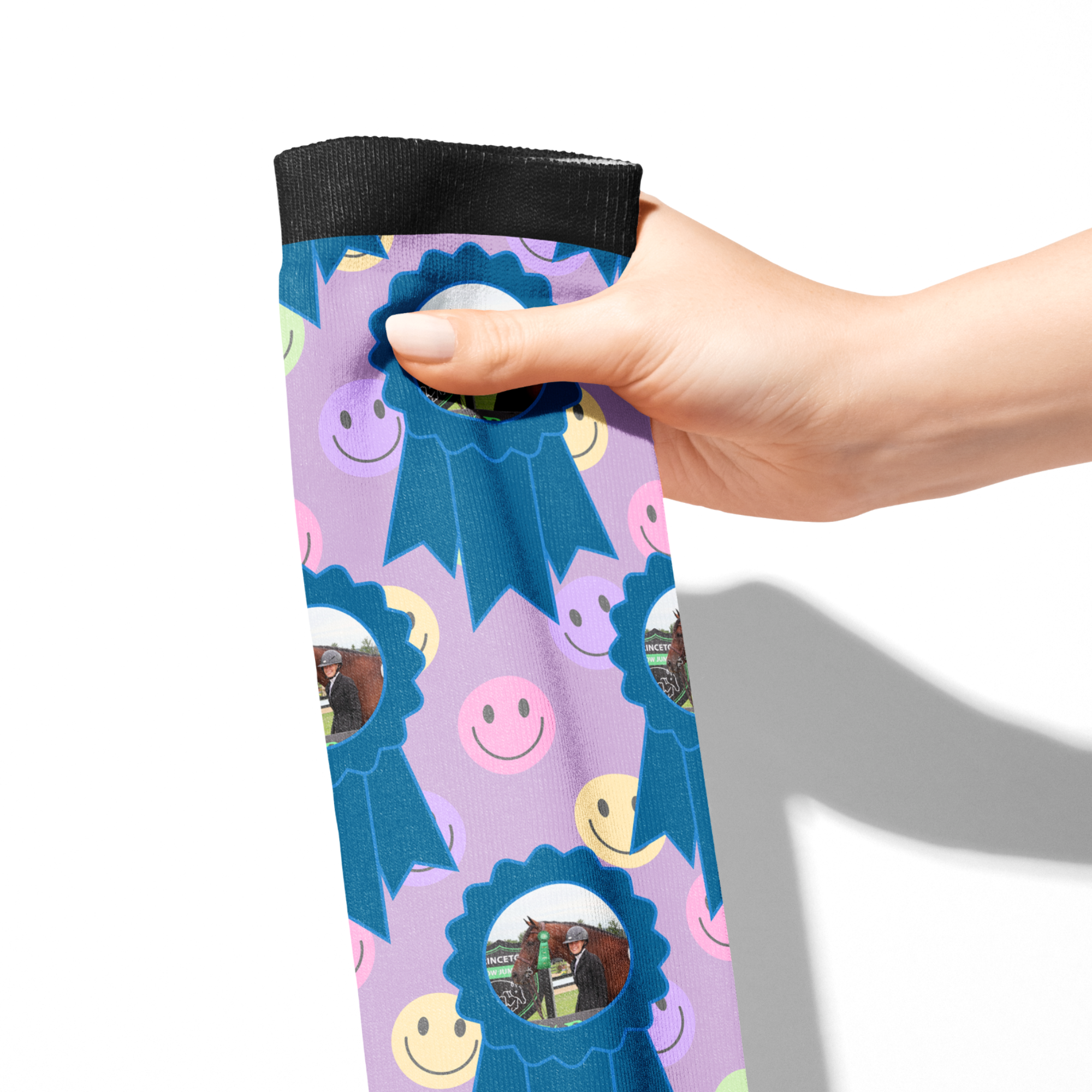 Custom blue ribbon socks with smiley faces and personalized photo design