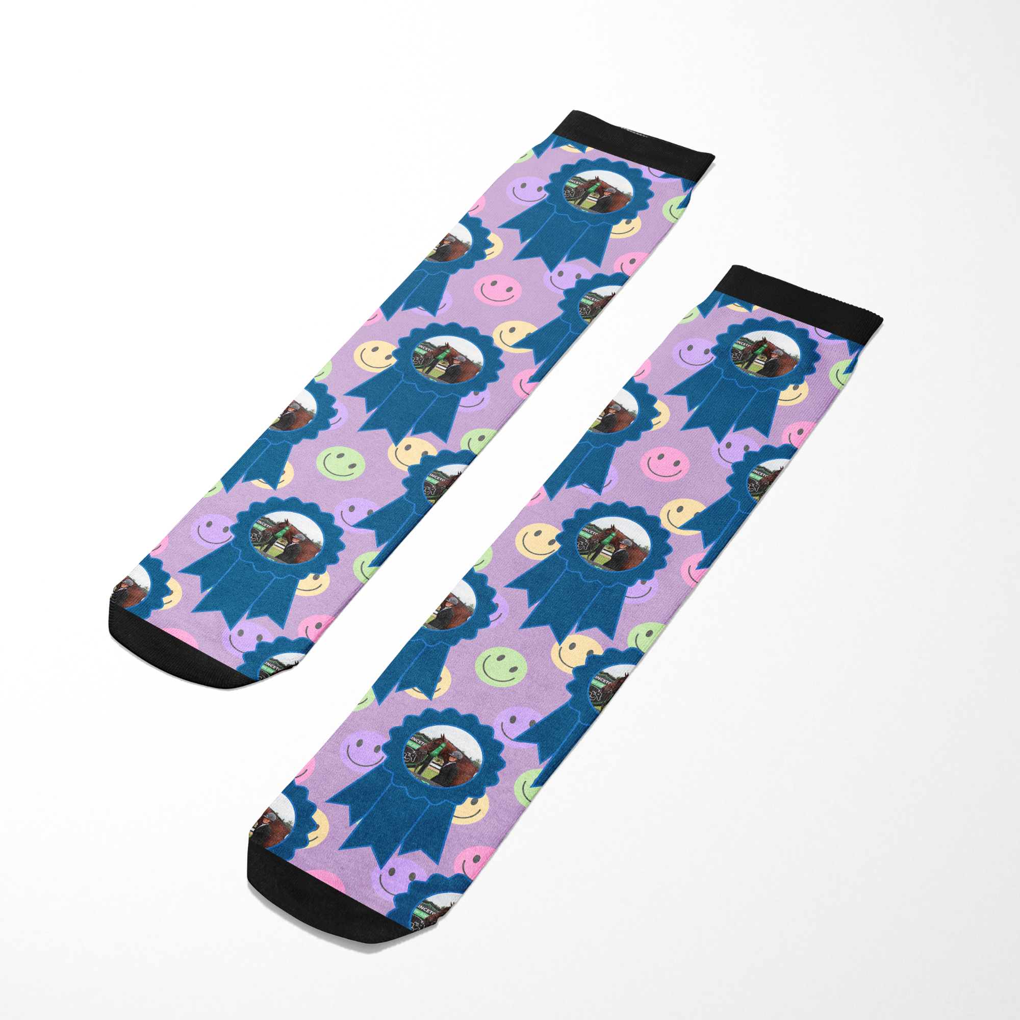 Custom Blue Ribbon socks with smiley faces and personalized photo design