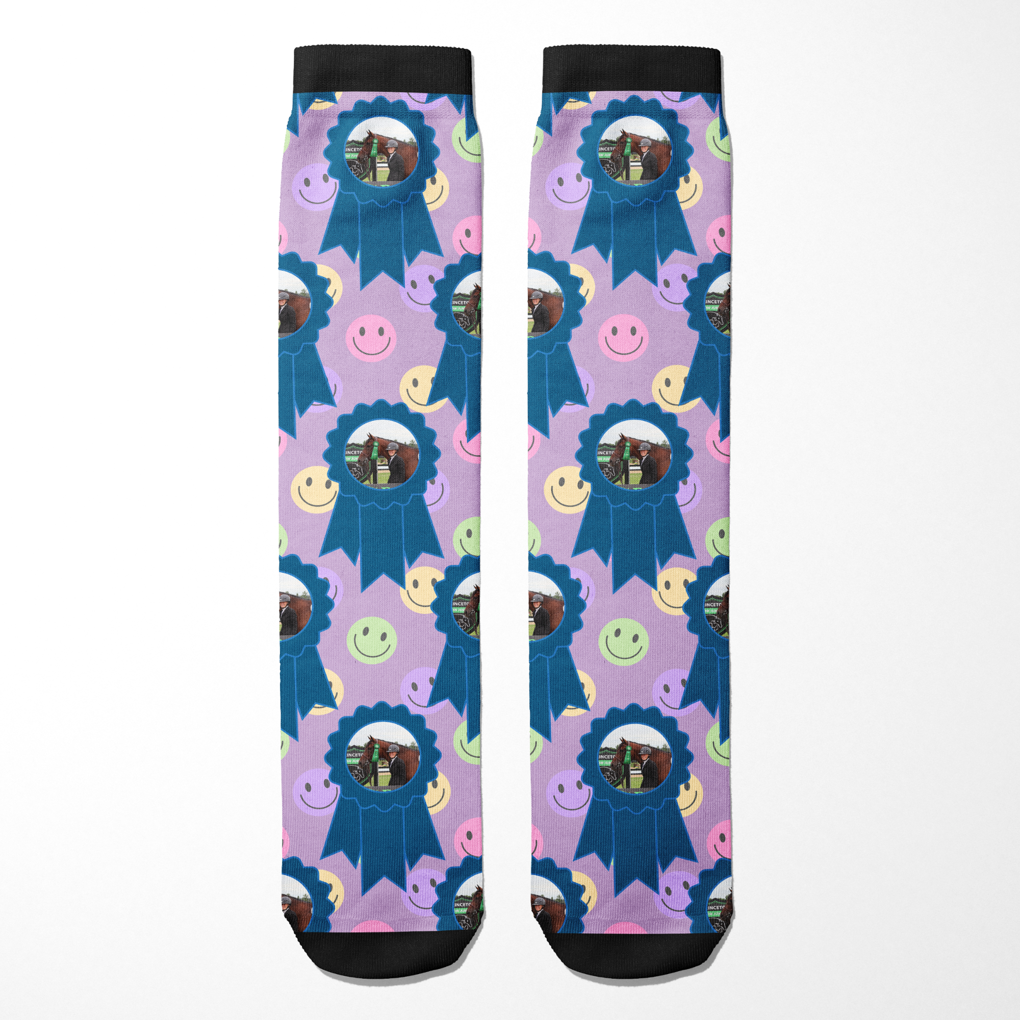 Custom Blue Ribbon socks with smiley faces and personalized photo design on pastel background