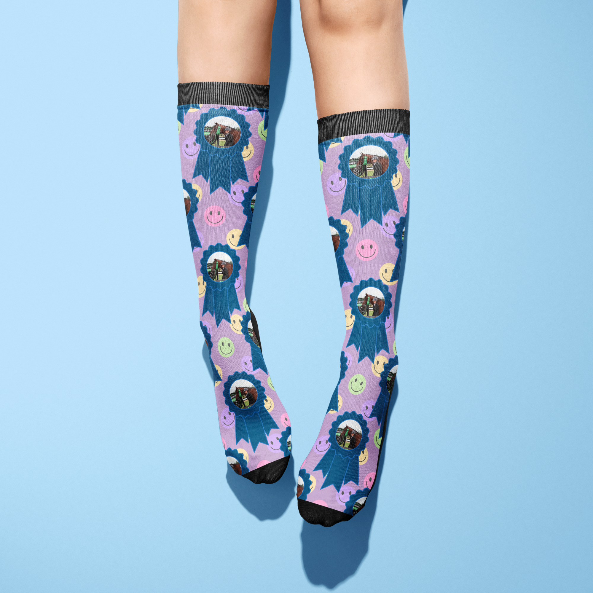 Custom blue ribbon socks with smiley faces and personalized photo design