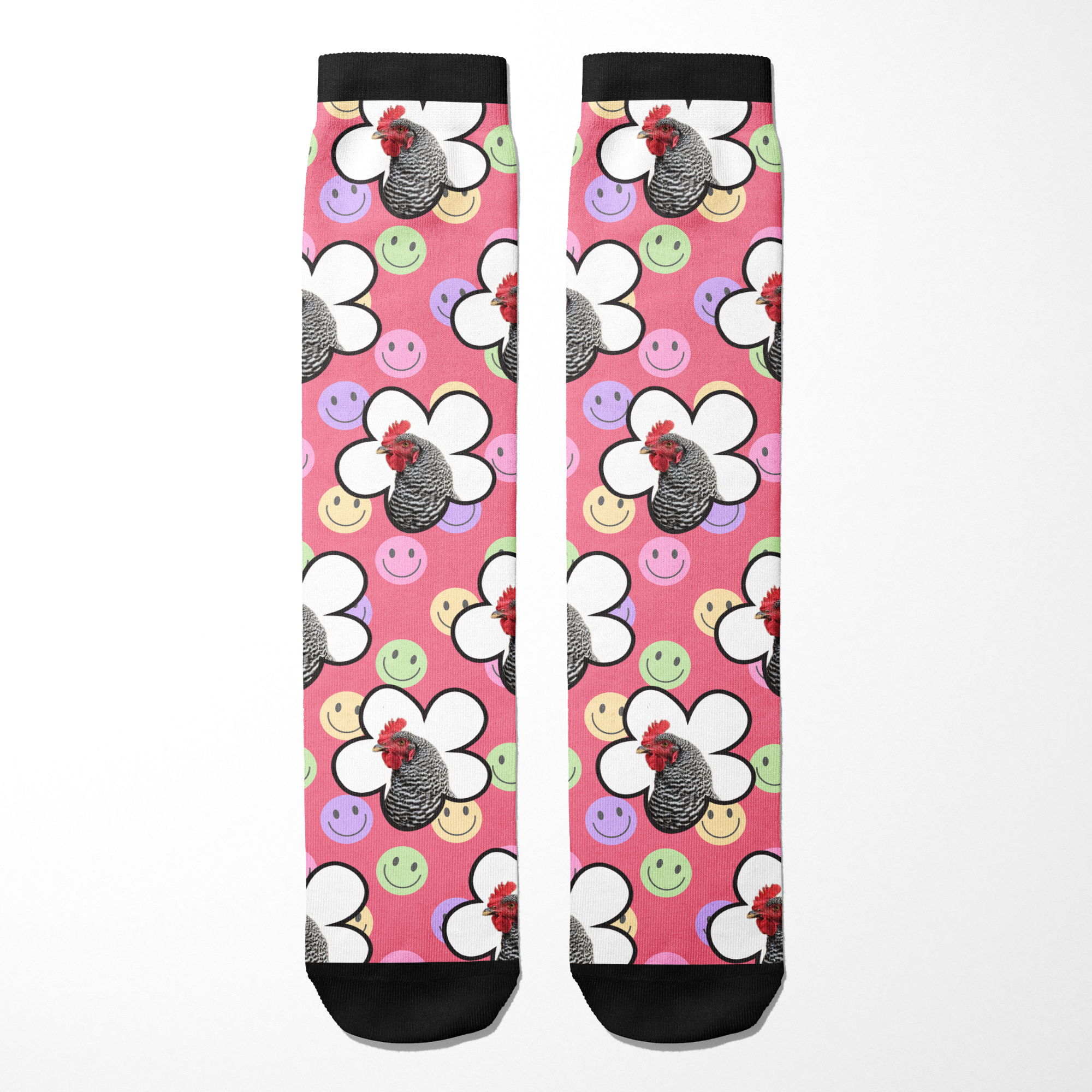 Custom flower socks with smiley faces and rooster design on pink background