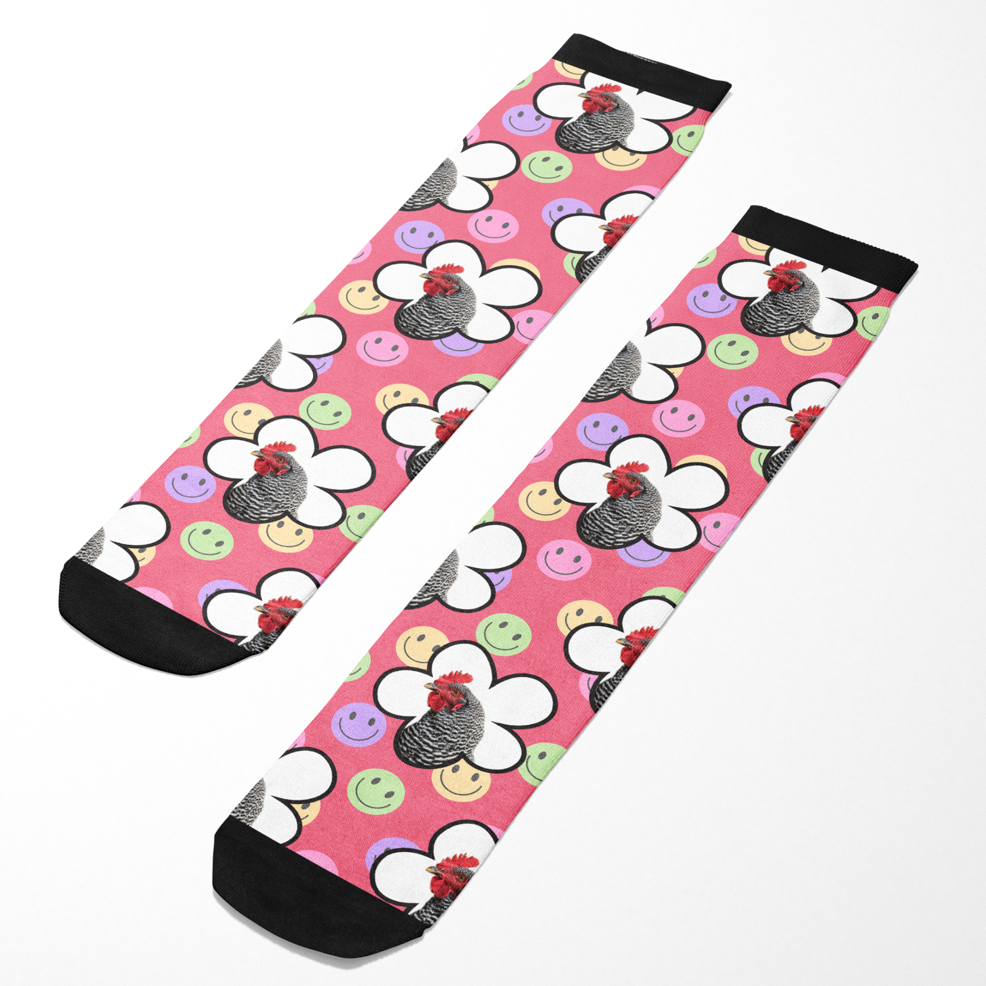 Custom flower socks with smiley faces and chicken photo on pink background, made of cotton blend
