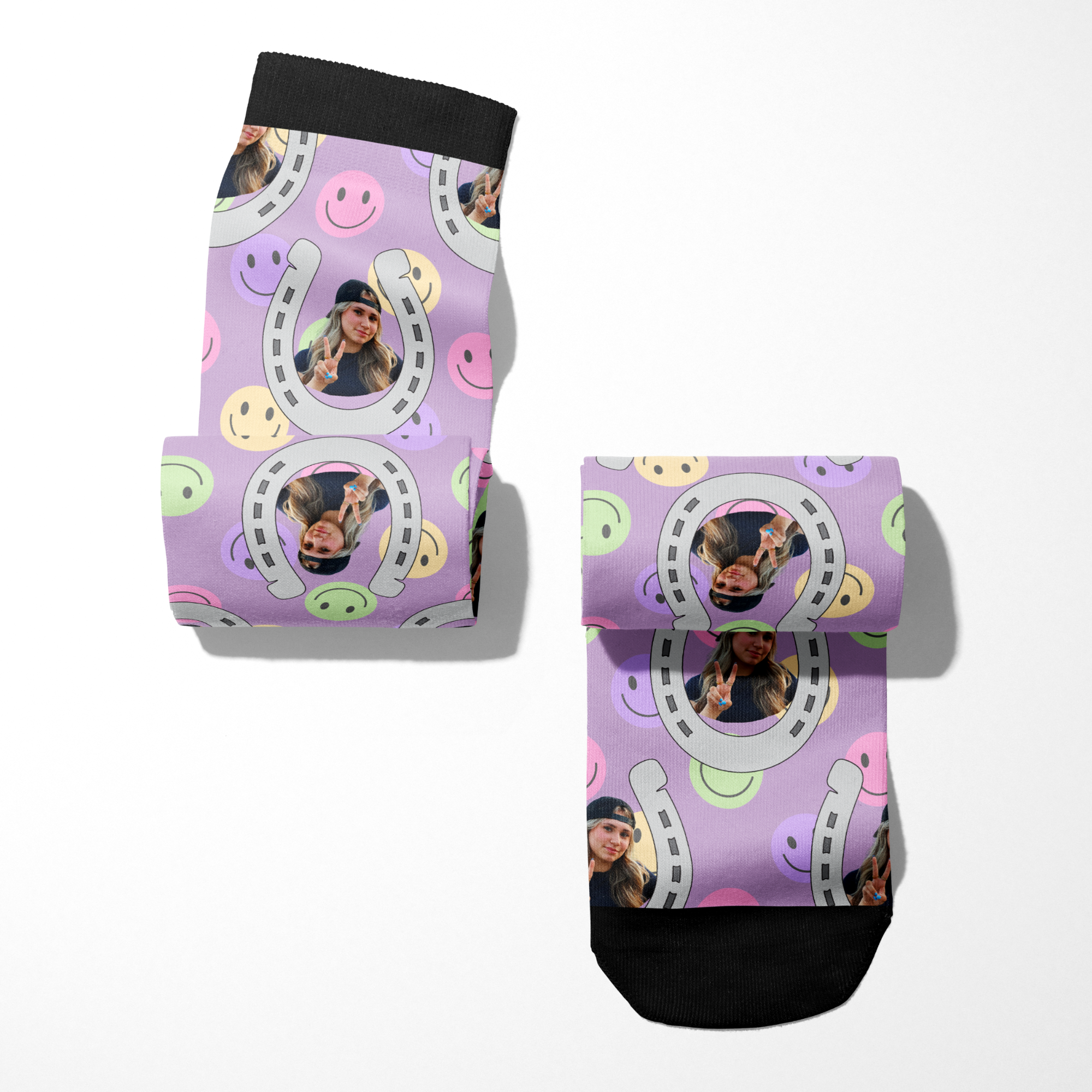 Custom horseshoe socks with smiley face pattern and personalized photo on purple background