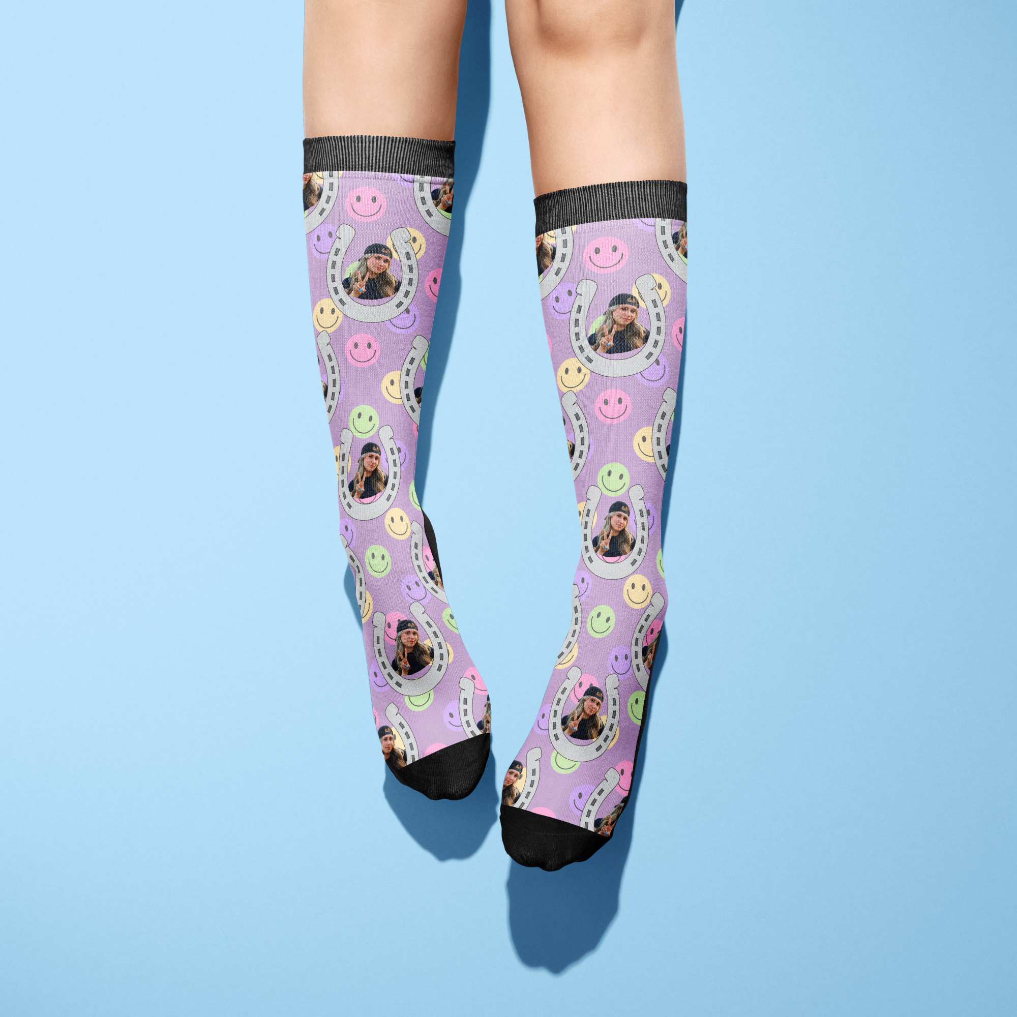 Custom Horseshoe socks with smiley faces and personalized photo on purple background