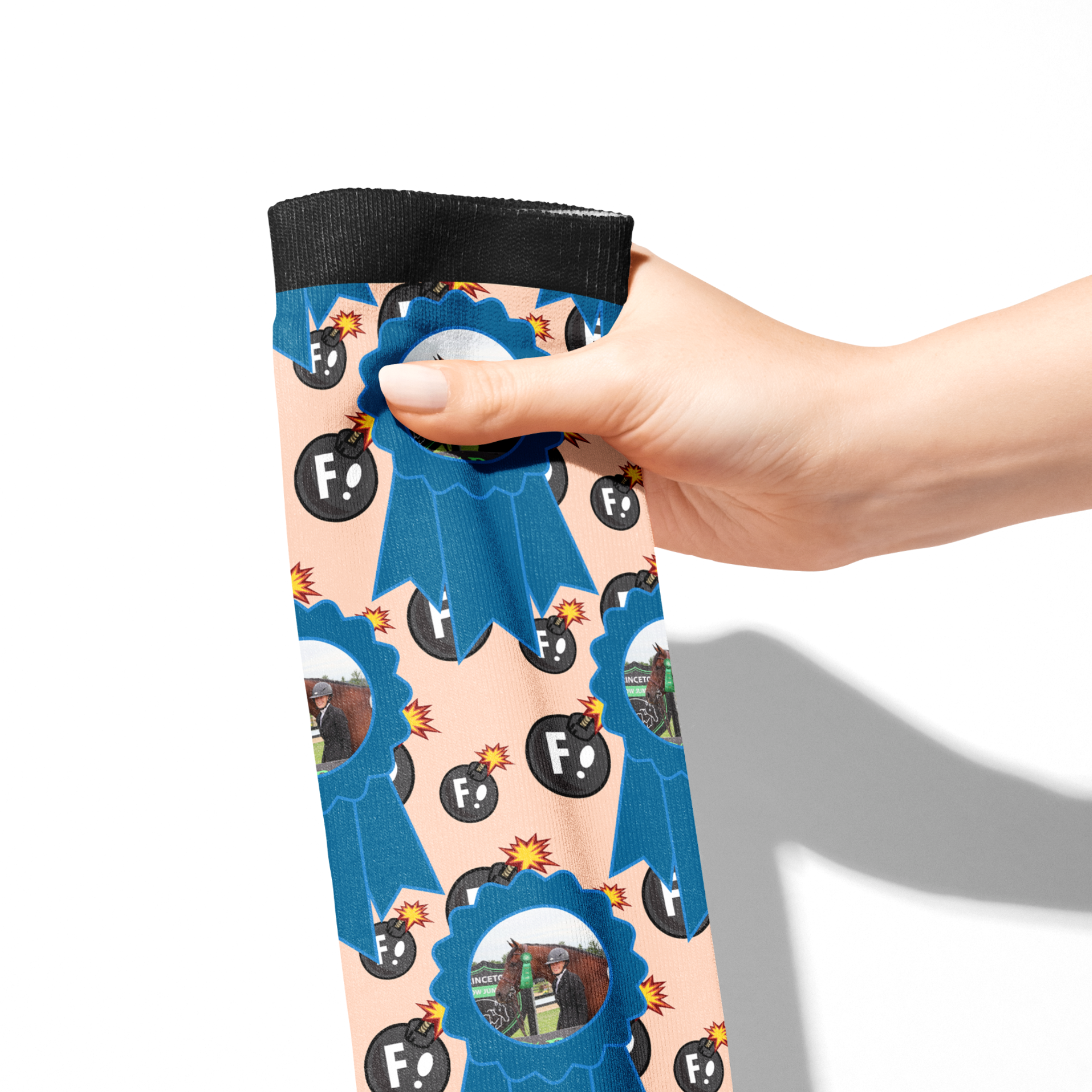 Custom Blue Ribbon with F Bombs Socks featuring photo and bold graphic design