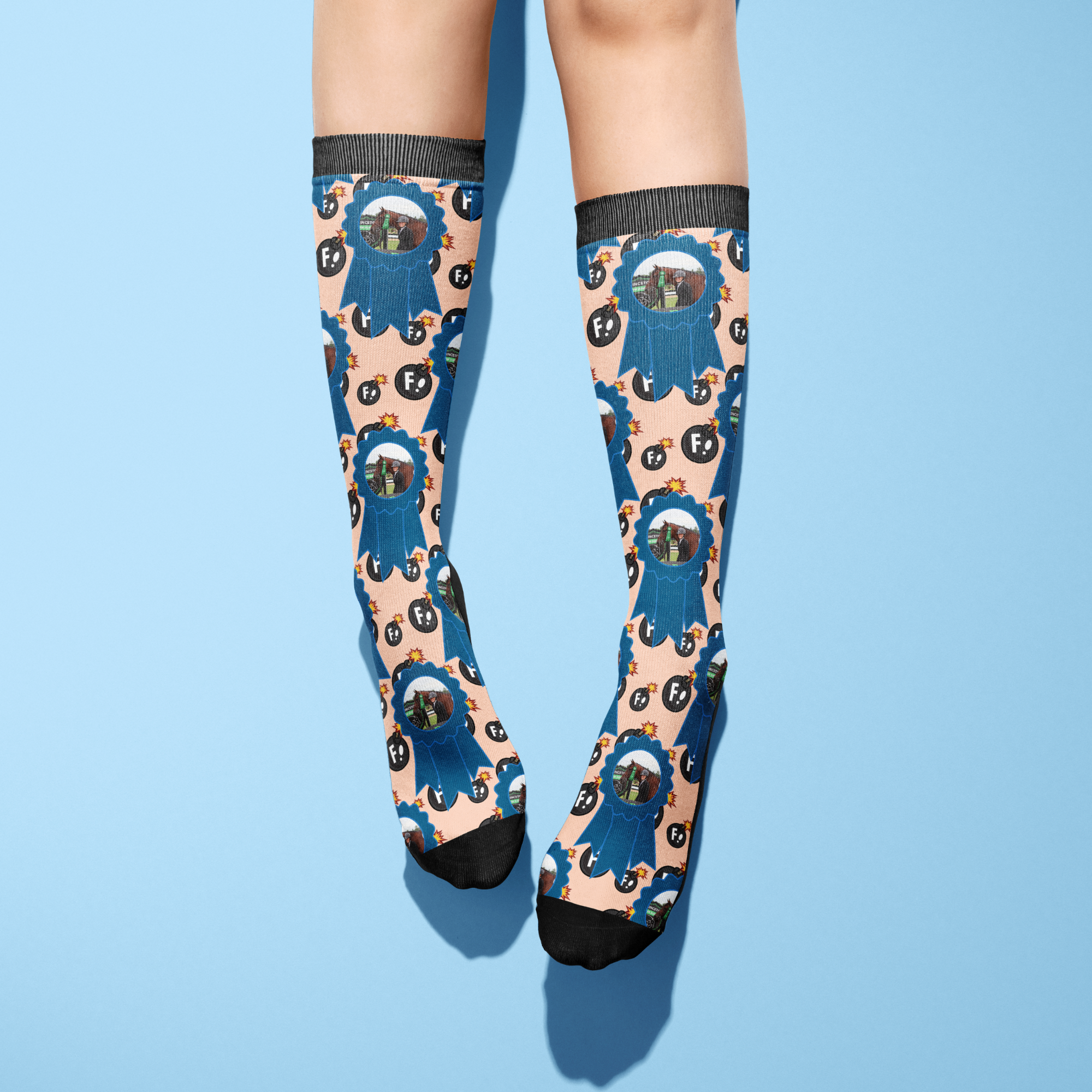 Custom Blue Ribbon with F Bombs Socks featuring personalized photo and bold pattern on knee-high boot socks