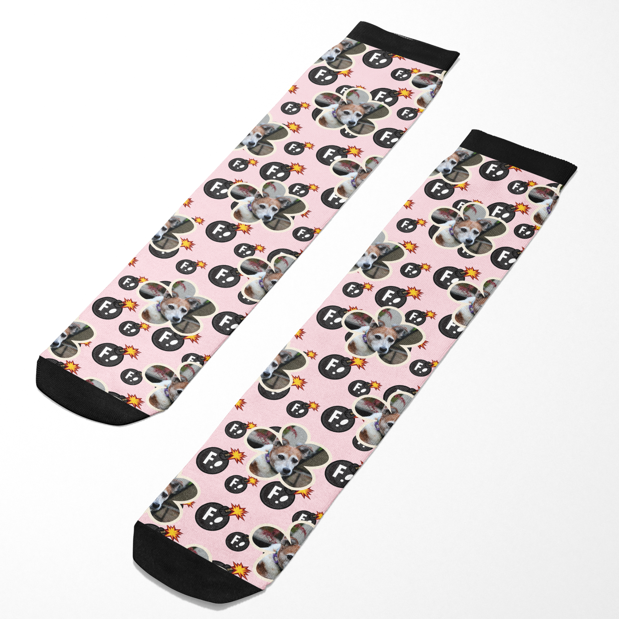 Custom flower socks with personalized animal photos and F Bombs pattern on pink background