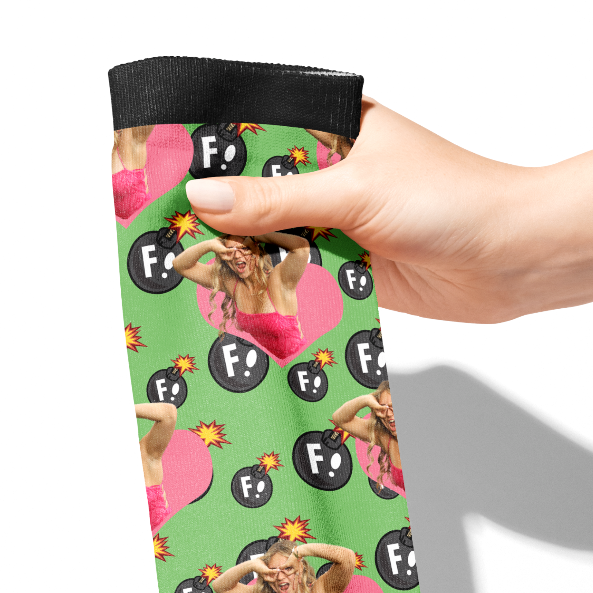 Custom Heart with F Bombs Socks featuring personalized photo and bold design on green background