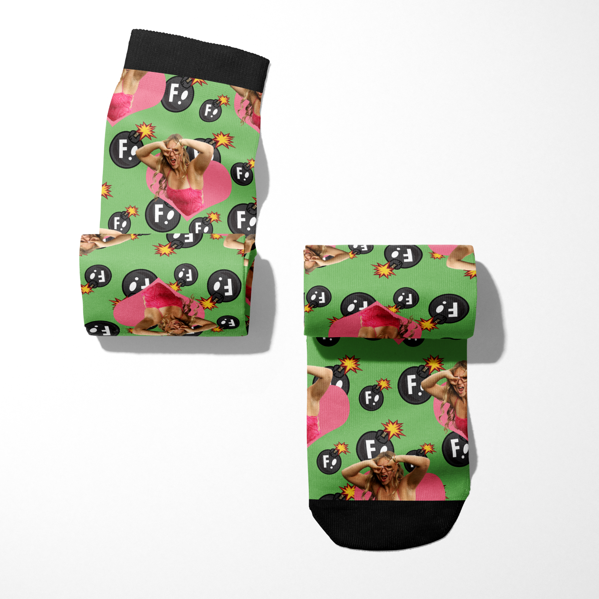 Custom Heart with F Bombs Socks featuring personalized photo and bold graphic design on green background