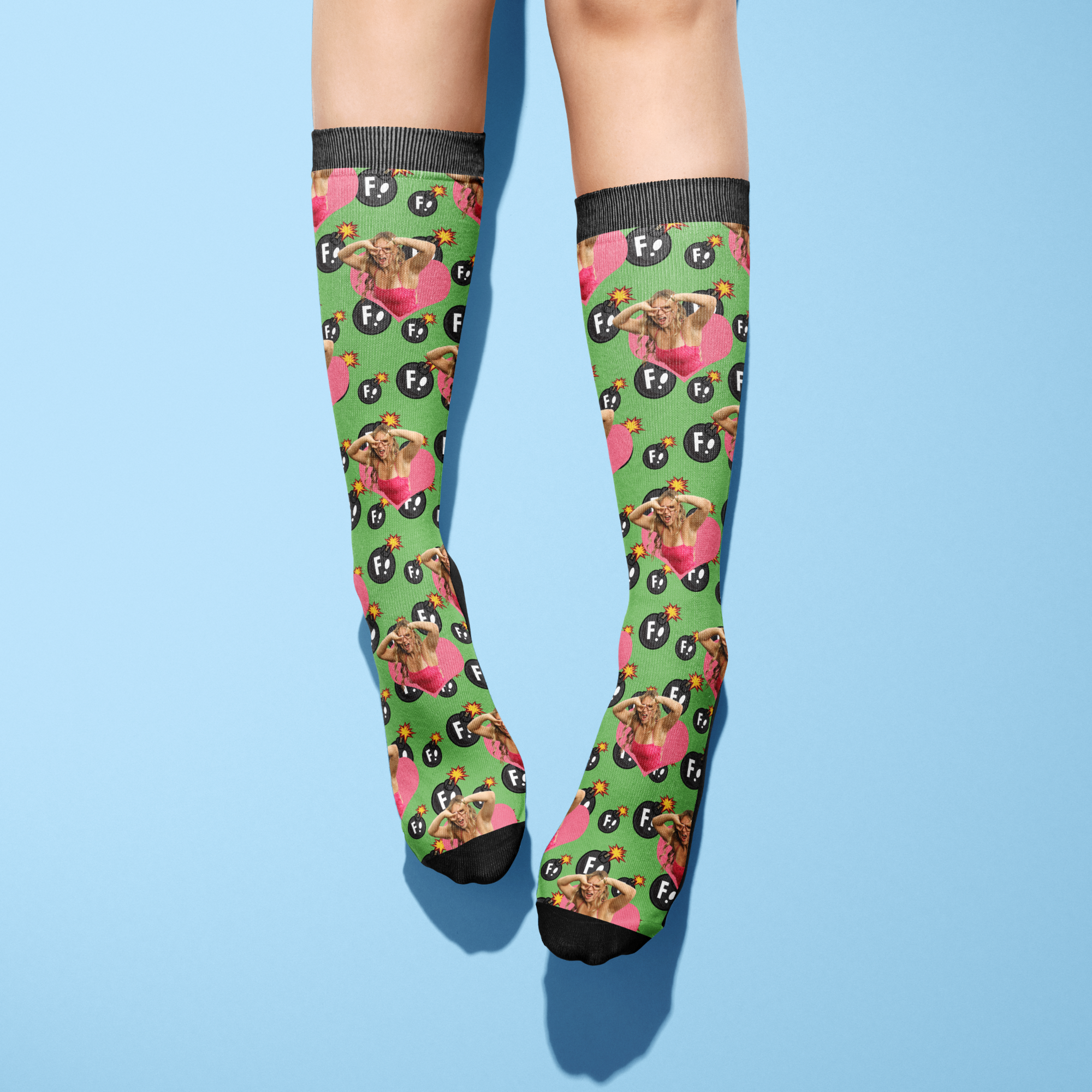 Custom Heart with F Bombs Socks featuring personalized photo and bold pattern on green background