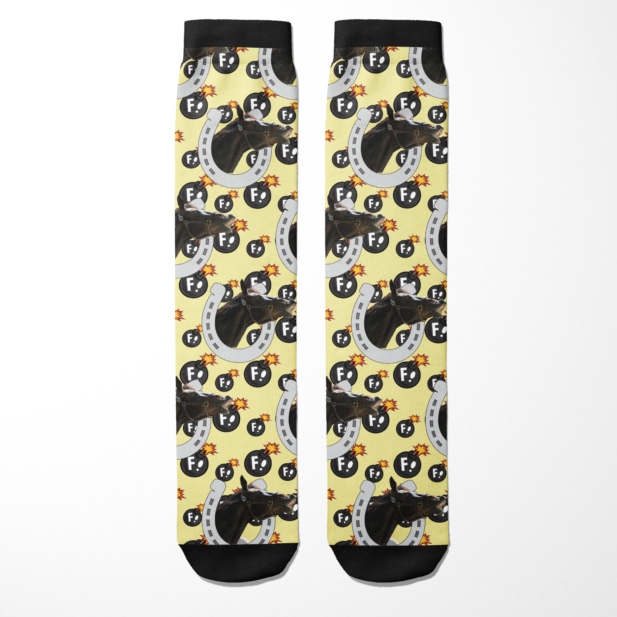 Custom horseshoe socks with F Bombs pattern and horse photo on yellow background