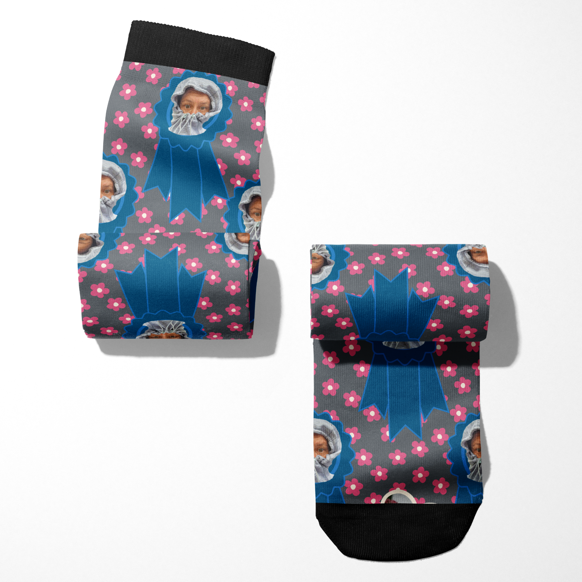 Custom blue ribbon and pink flower pattern socks with personalized photo design