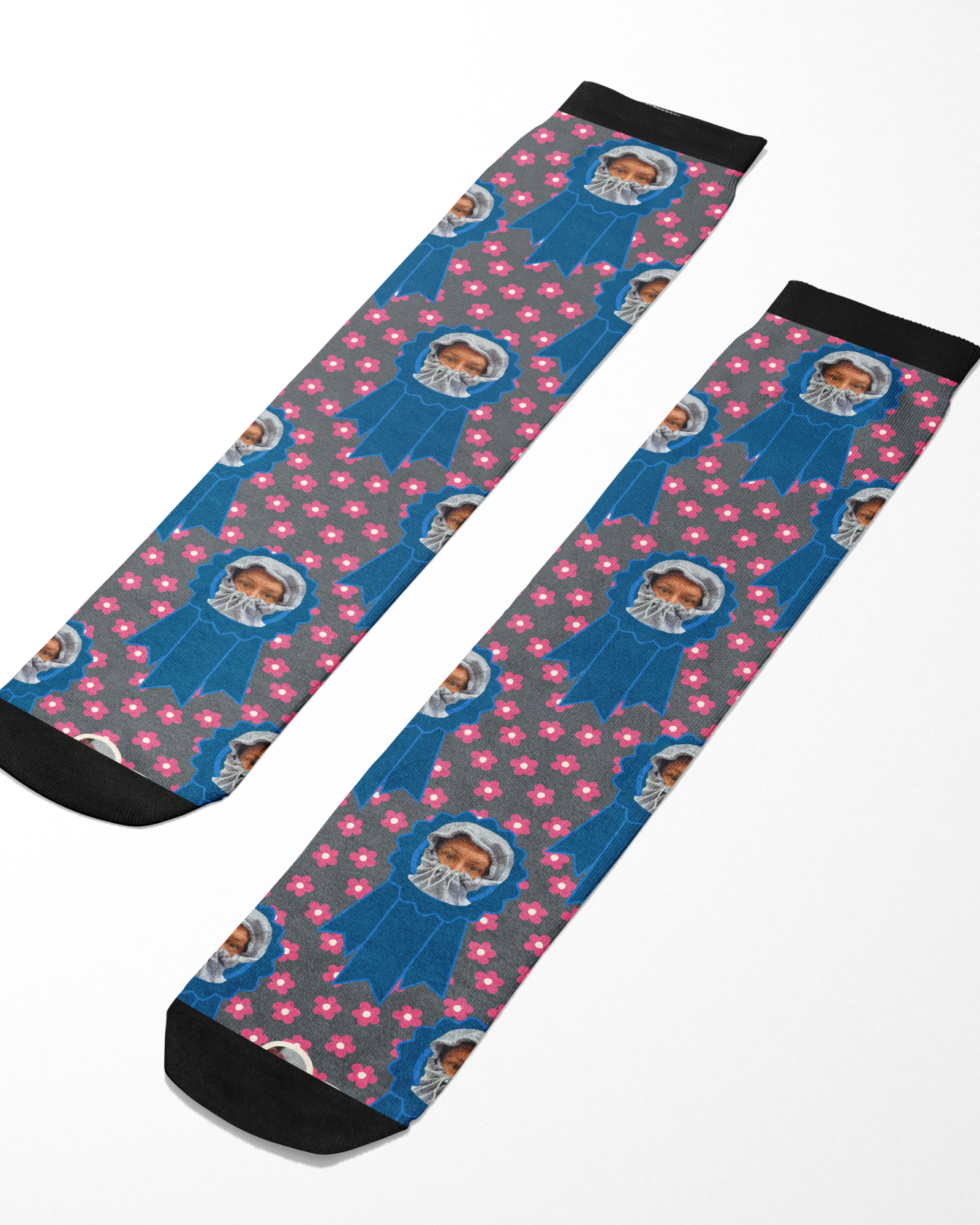 Custom Blue Ribbon socks with pink floral pattern and personalized photo design