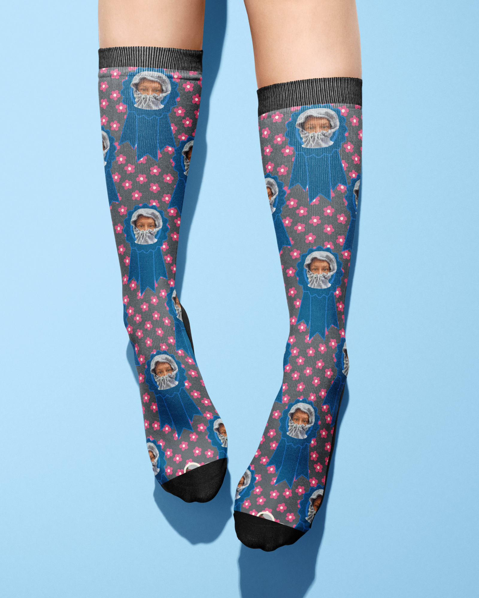Custom Blue Ribbon socks with pink petals and personalized photo design