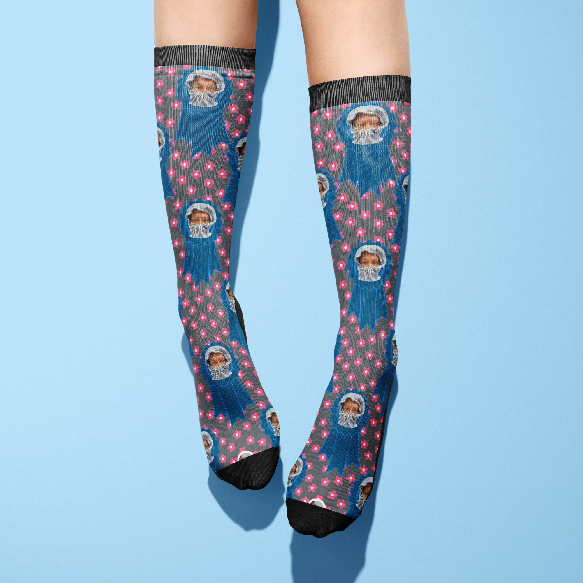 Custom Blue Ribbon socks with pink petals and personalized photo design