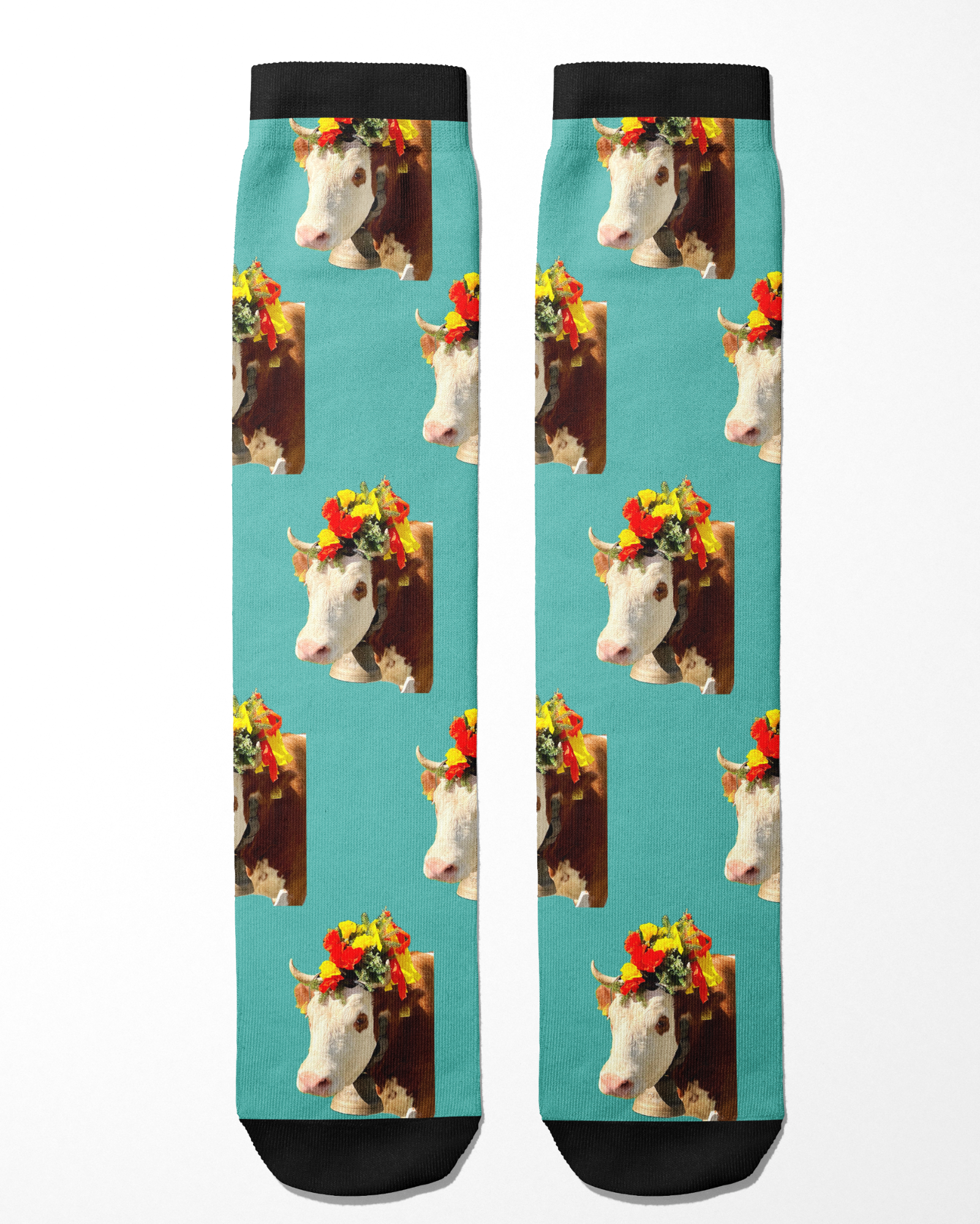 Custom Solo Socks featuring a cow photo with floral crown on turquoise background