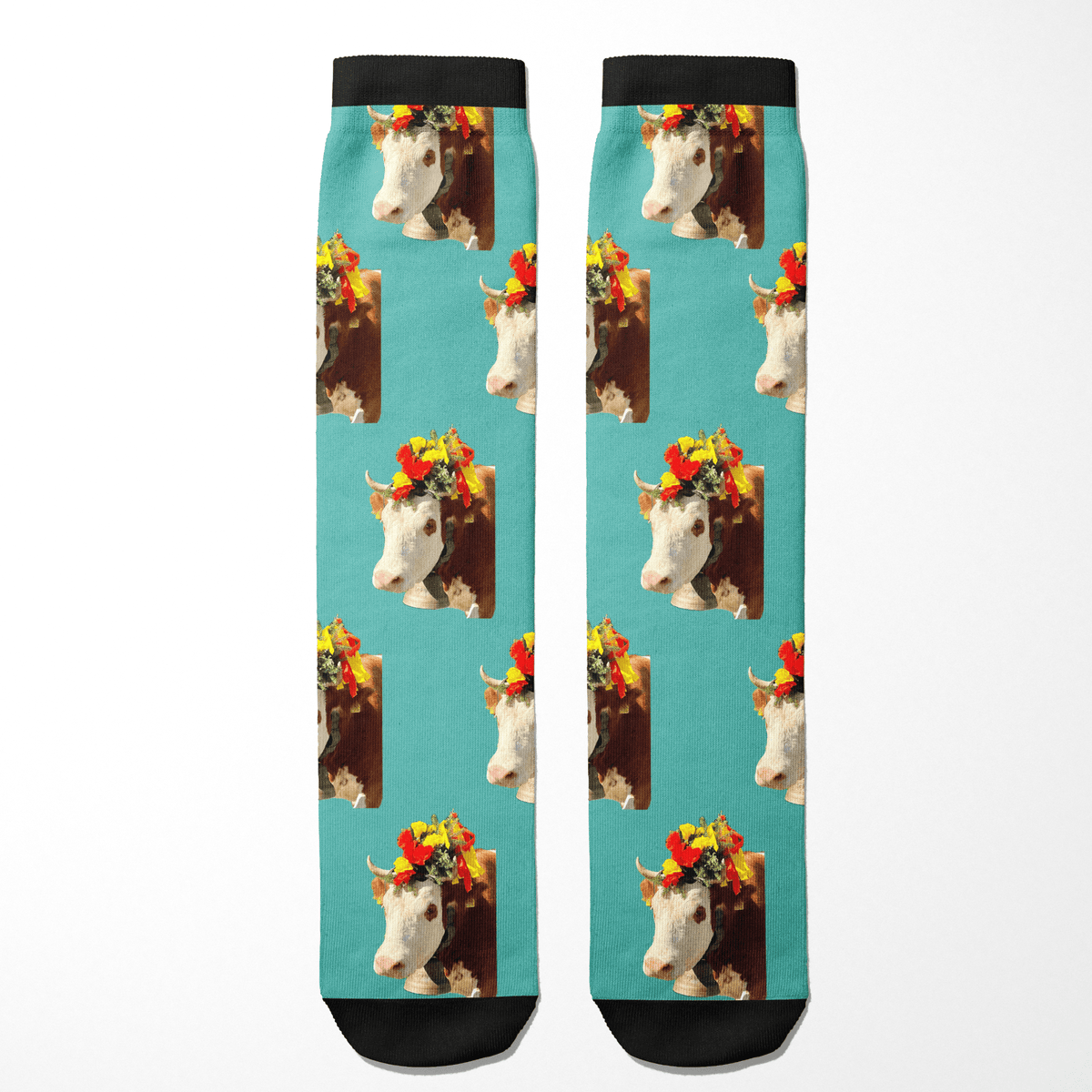 Custom Solo Socks featuring a cow photo with floral crown on turquoise background