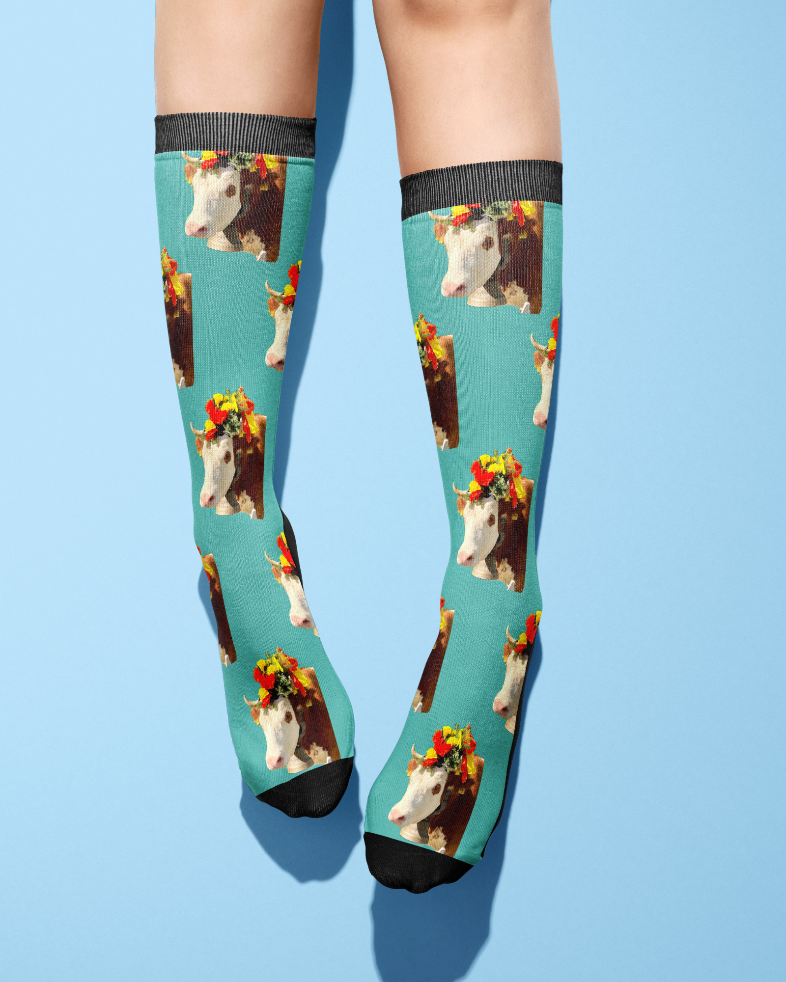 Custom solo socks with personalized horse photo and colorful flower crown design on teal background