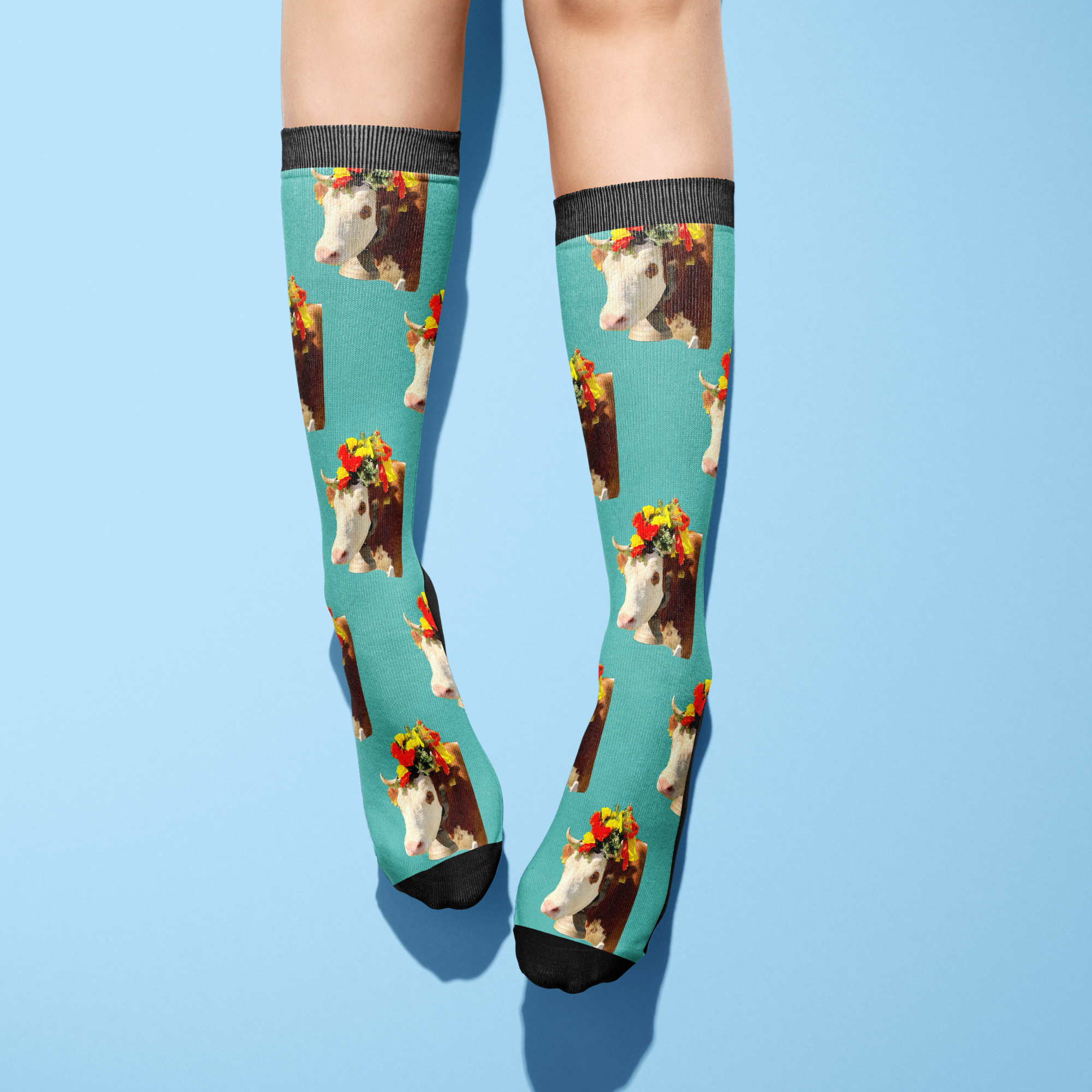 Custom solo socks with personalized horse photo and colorful flower crown design on teal background