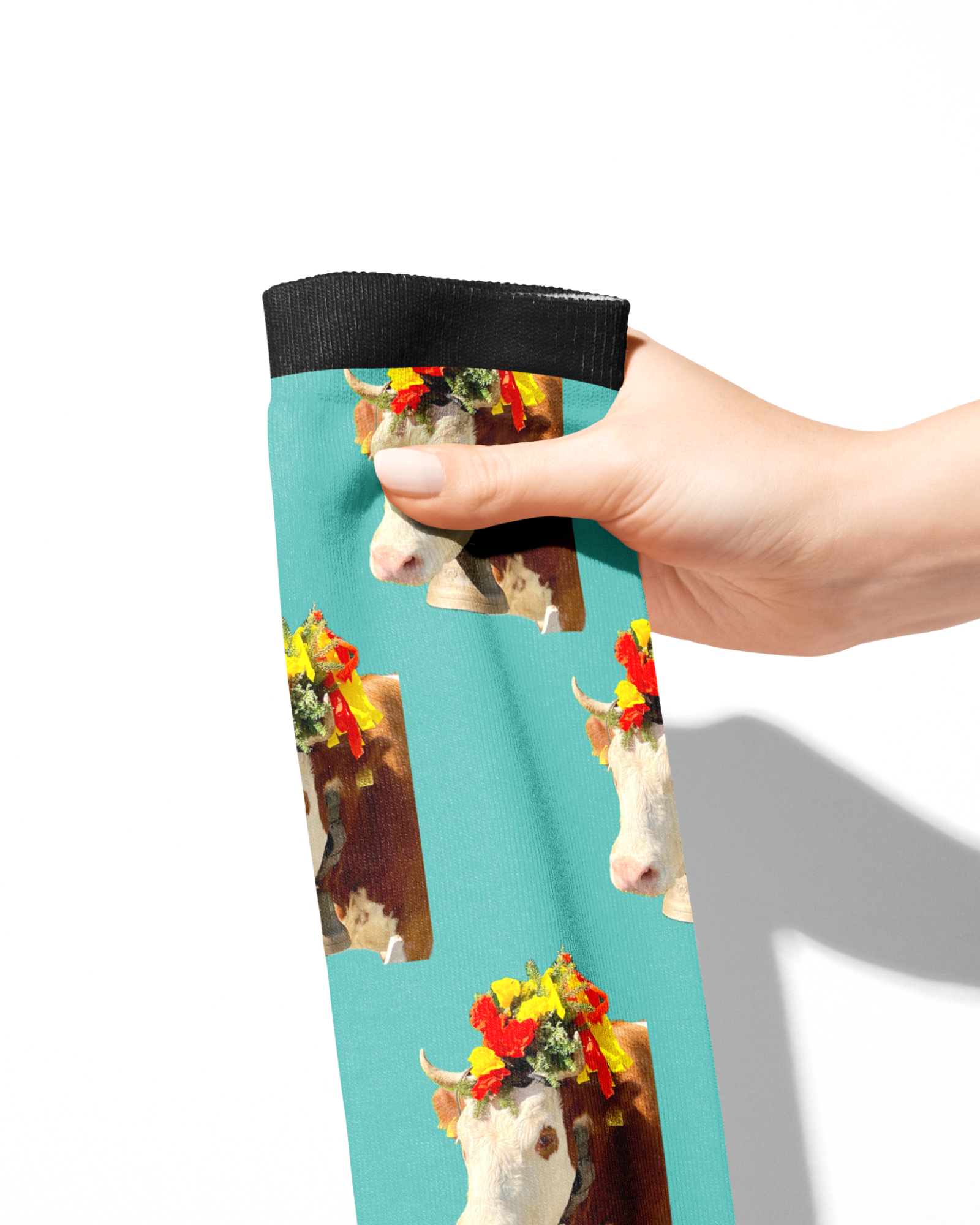 Custom Solo Socks featuring personalized photo design with colorful cow pattern on turquoise background
