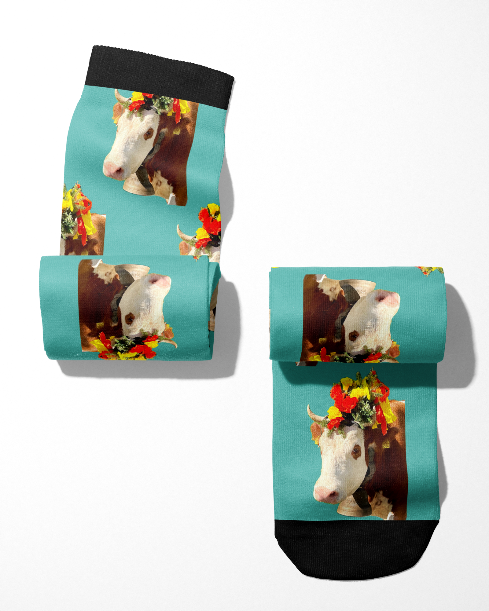 Custom Solo Socks featuring a personalized cow photo on turquoise background with black cuffs and toes