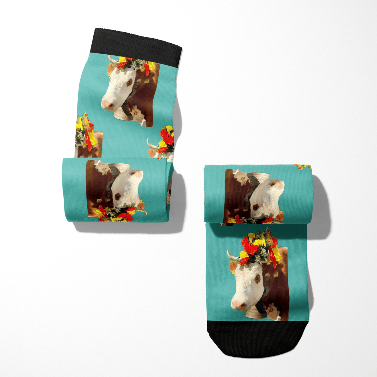 Custom Solo Socks featuring a personalized cow photo on turquoise background with black cuffs and toes