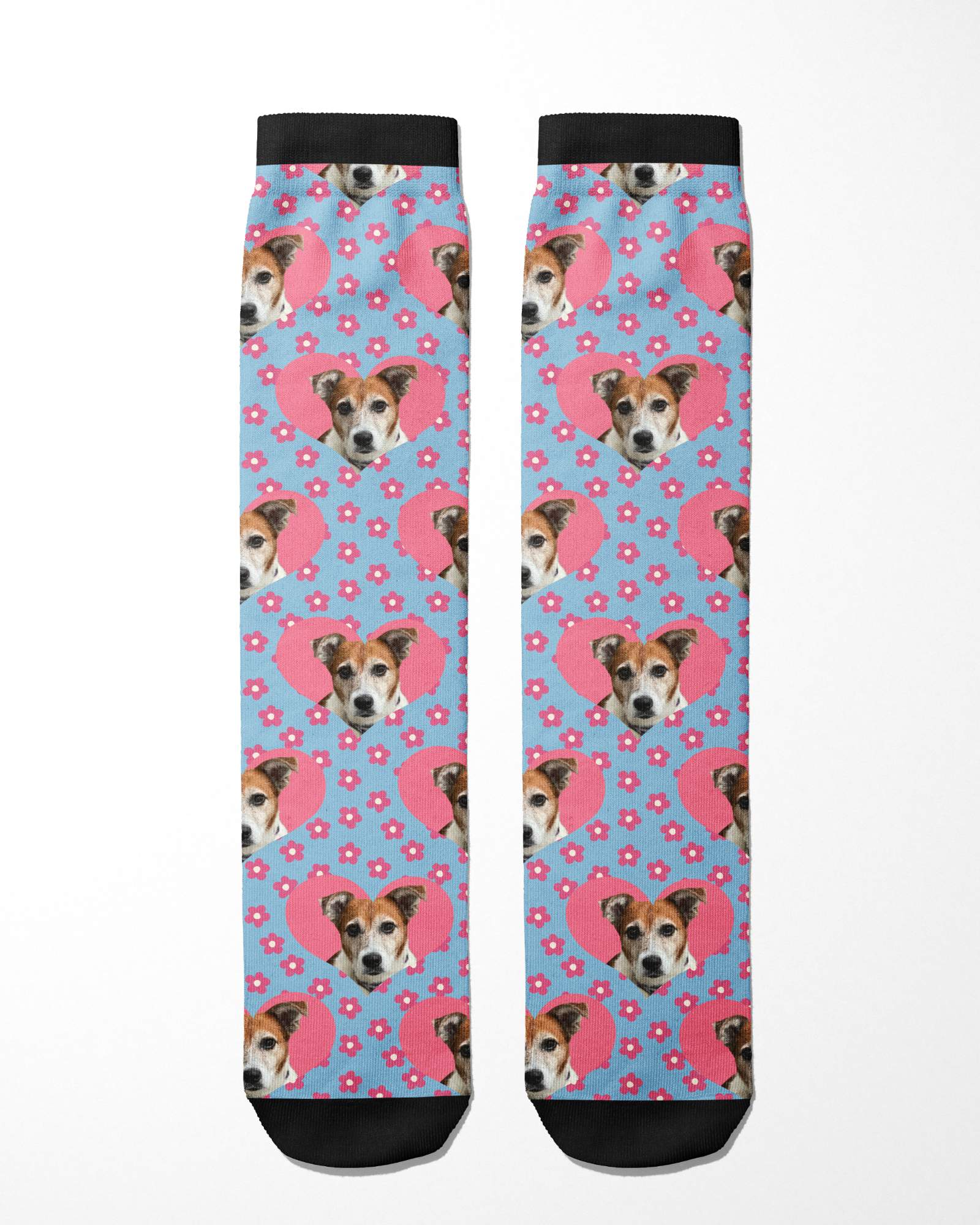 Custom Heart with Pinky Petals Socks featuring a dog's face and floral pattern on blue background
