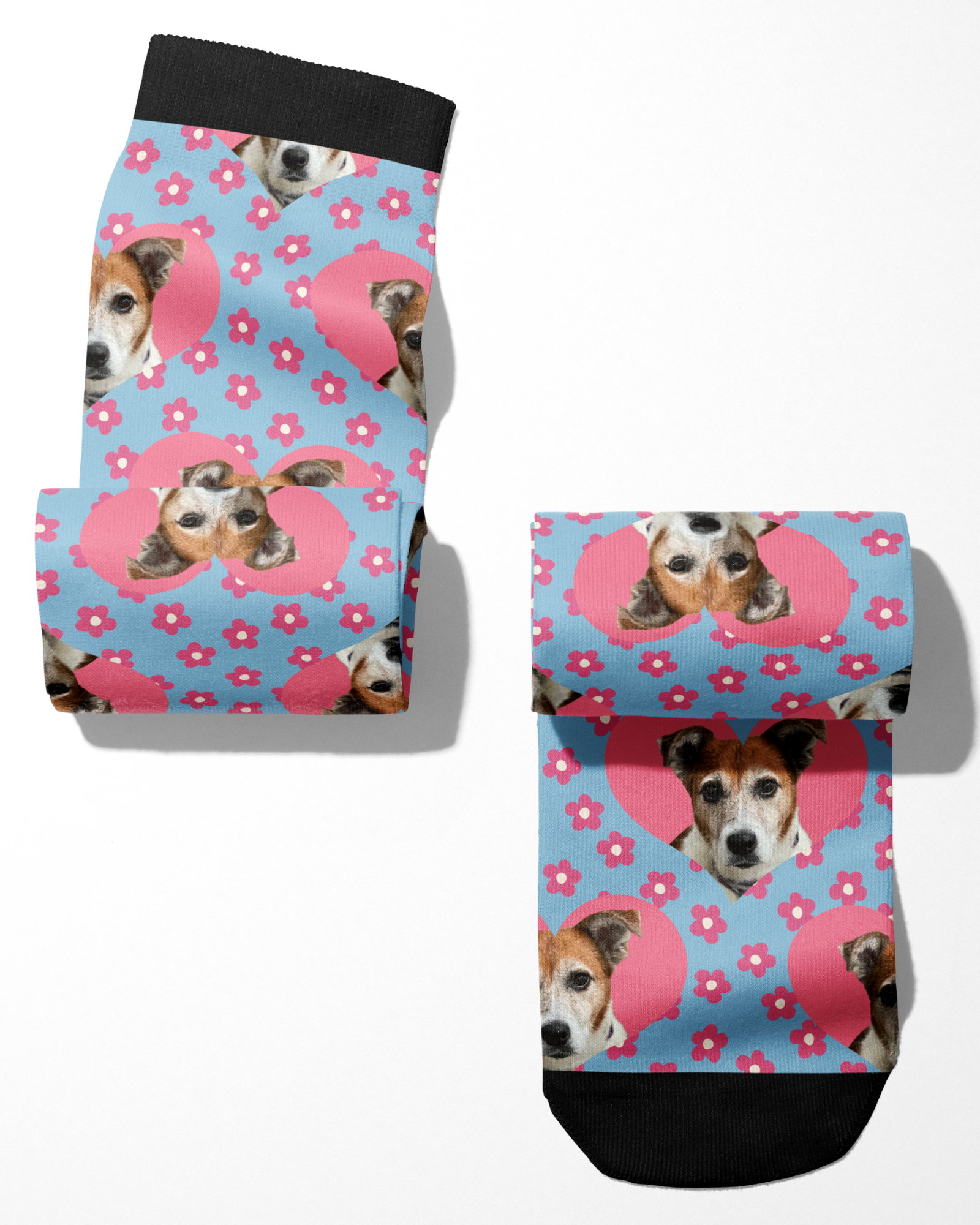 Custom Heart with Pinky Petals Socks featuring personalized pet photo and floral pattern on blue background