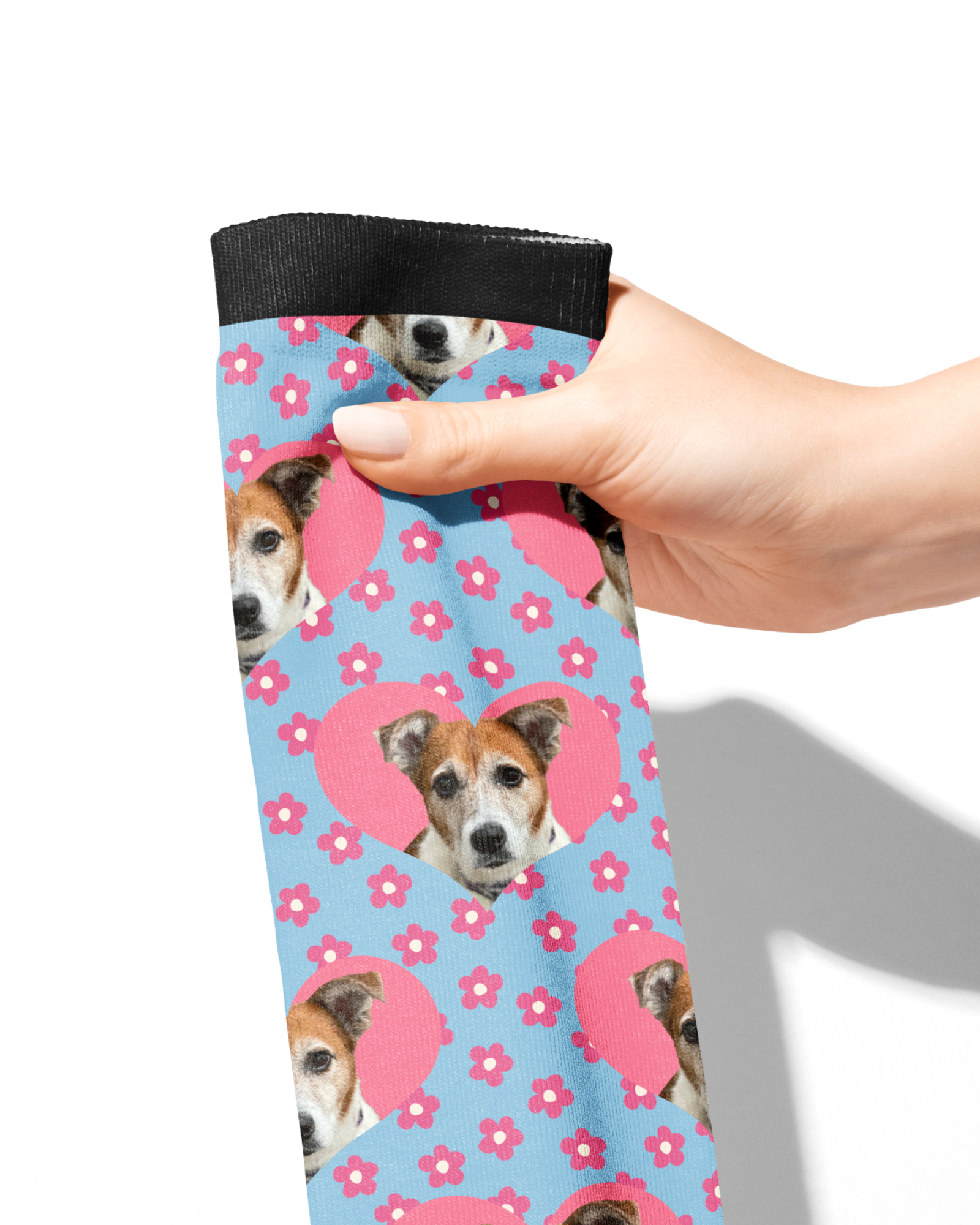 Custom Heart with Pinky Petals Socks featuring personalized pet photo on blue background with pink flowers