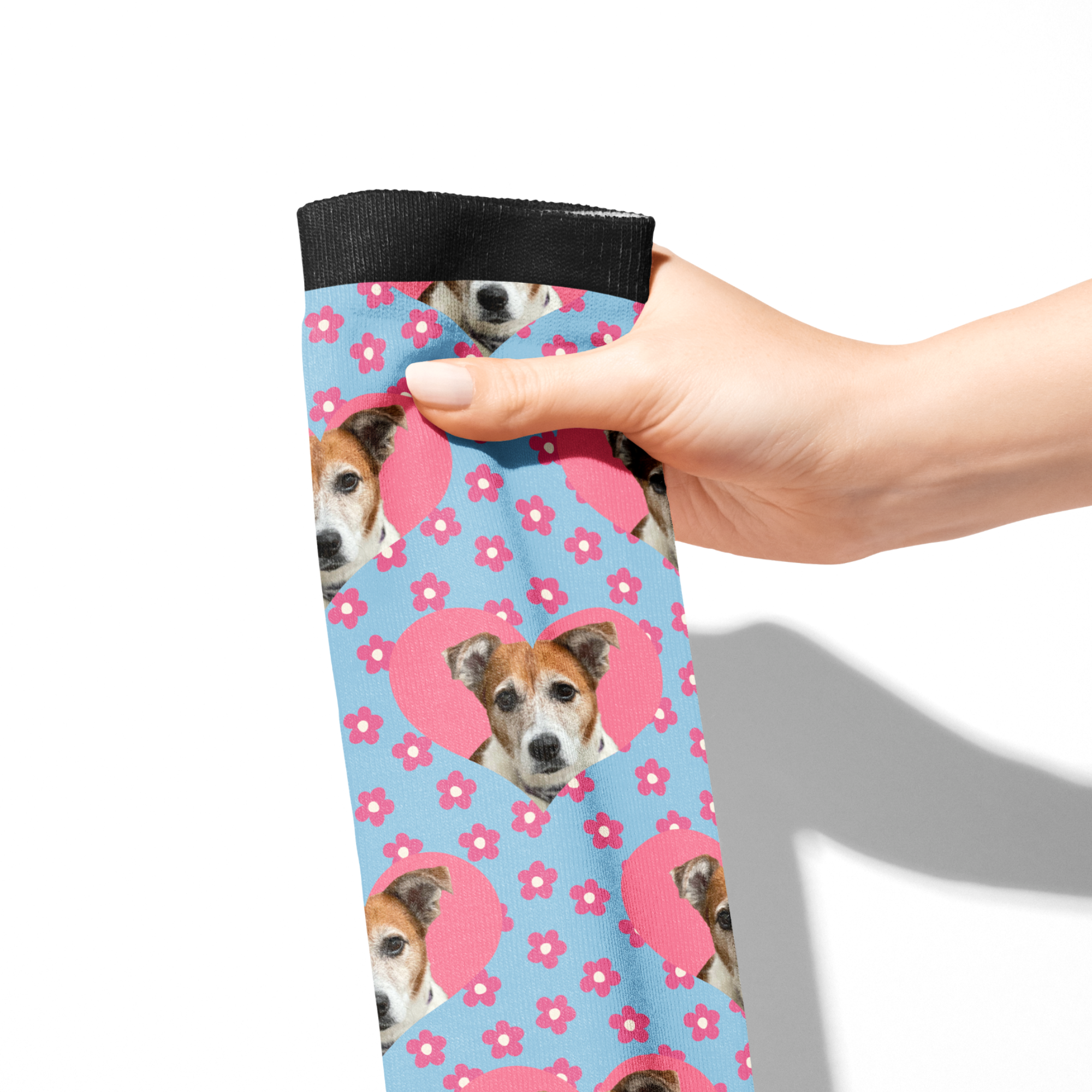 Custom Heart with Pinky Petals Socks featuring personalized pet photo on blue background with pink flowers