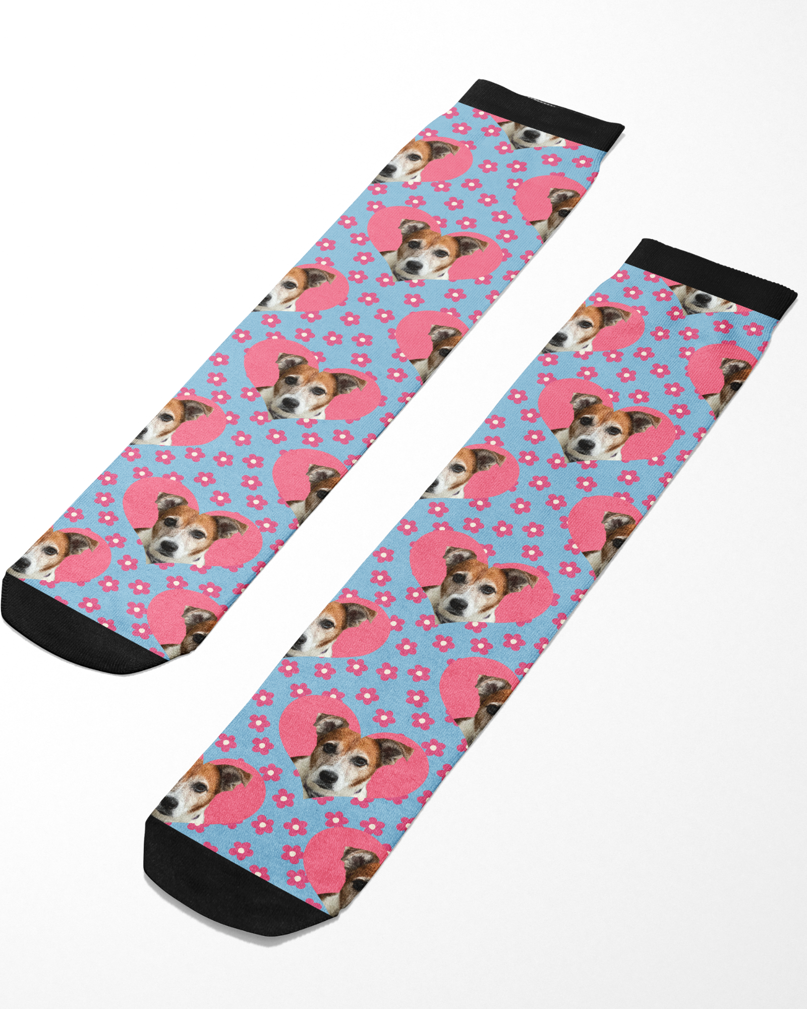 Custom Heart with Pinky Petals Socks featuring personalized pet photo and floral pattern on blue background