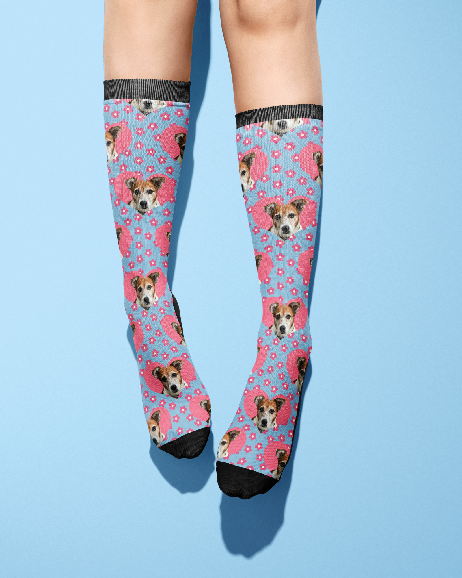Custom Heart with Pinky Petals Socks featuring personalized pet photo and pink flower pattern on blue background
