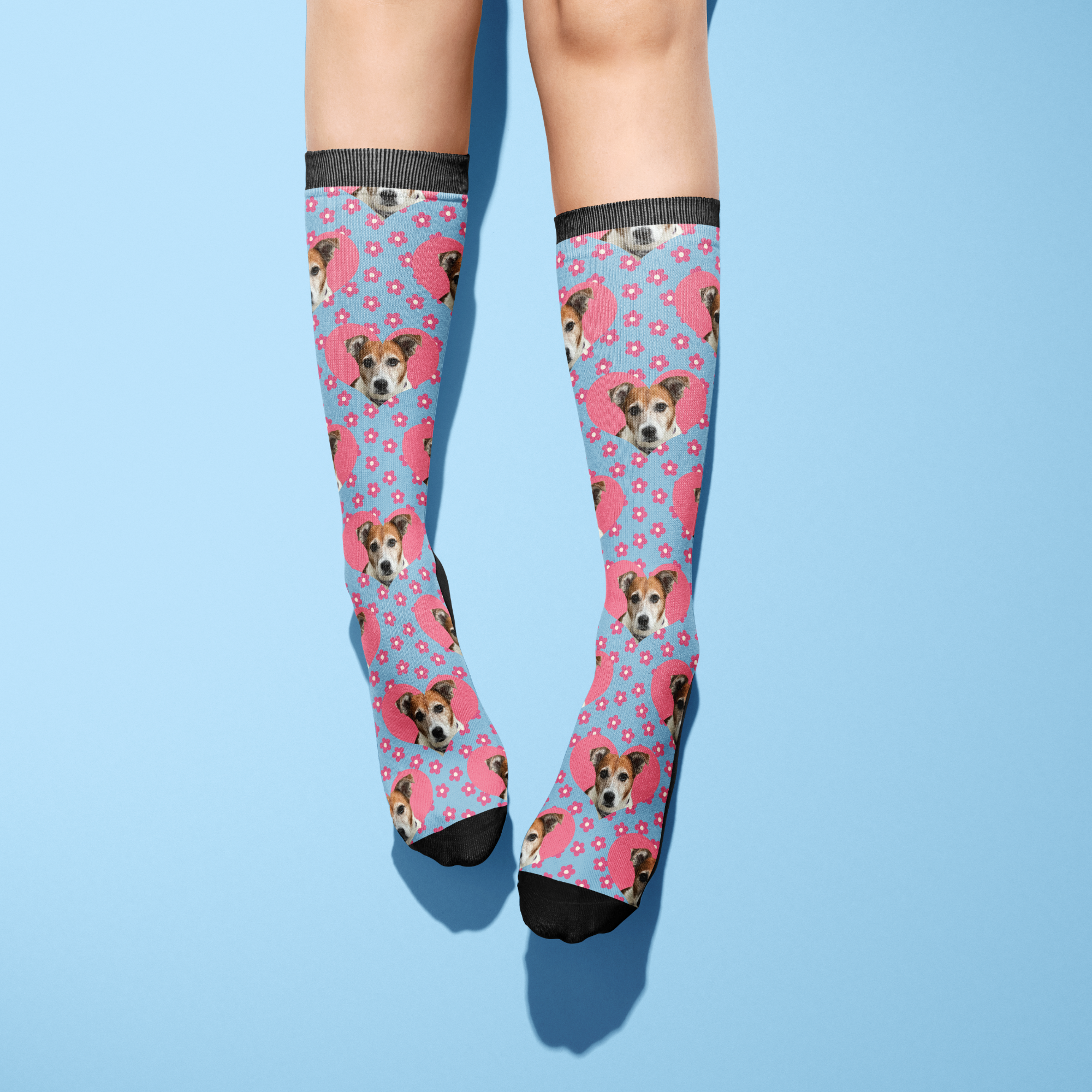 Custom Heart with Pinky Petals Socks featuring personalized pet photo and pink flower pattern on blue background