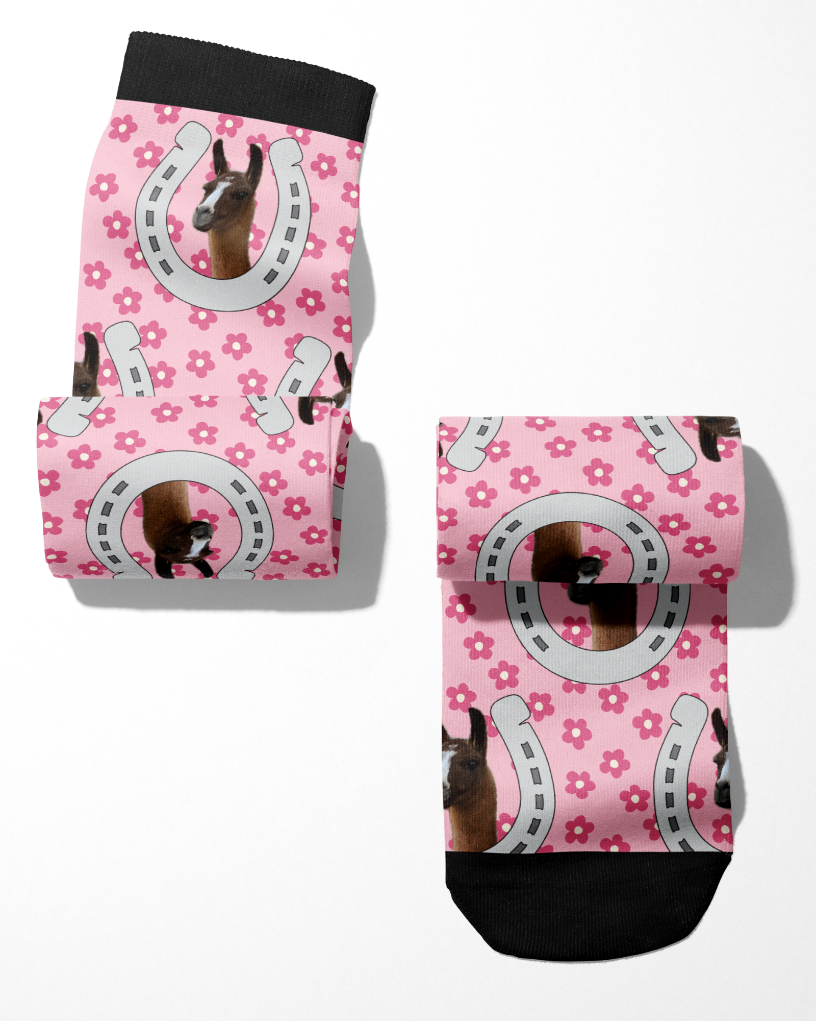 Custom horseshoe design pink floral socks with horse photo and black cuffs