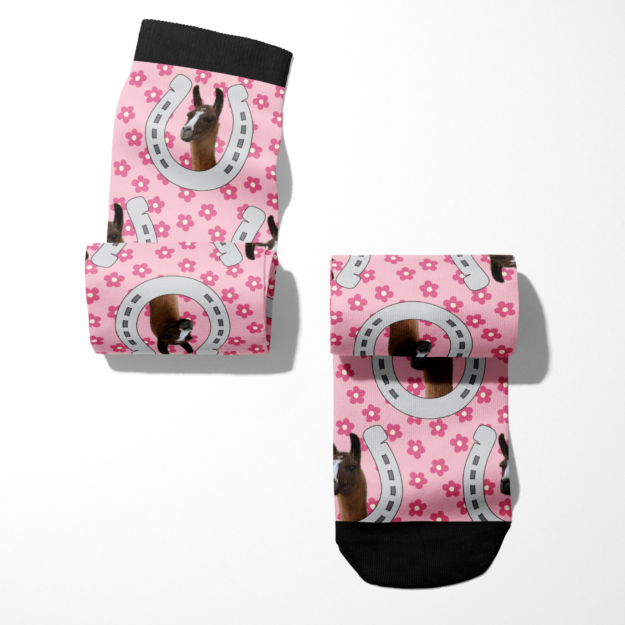 Custom horseshoe design pink floral socks with horse photo and black cuffs