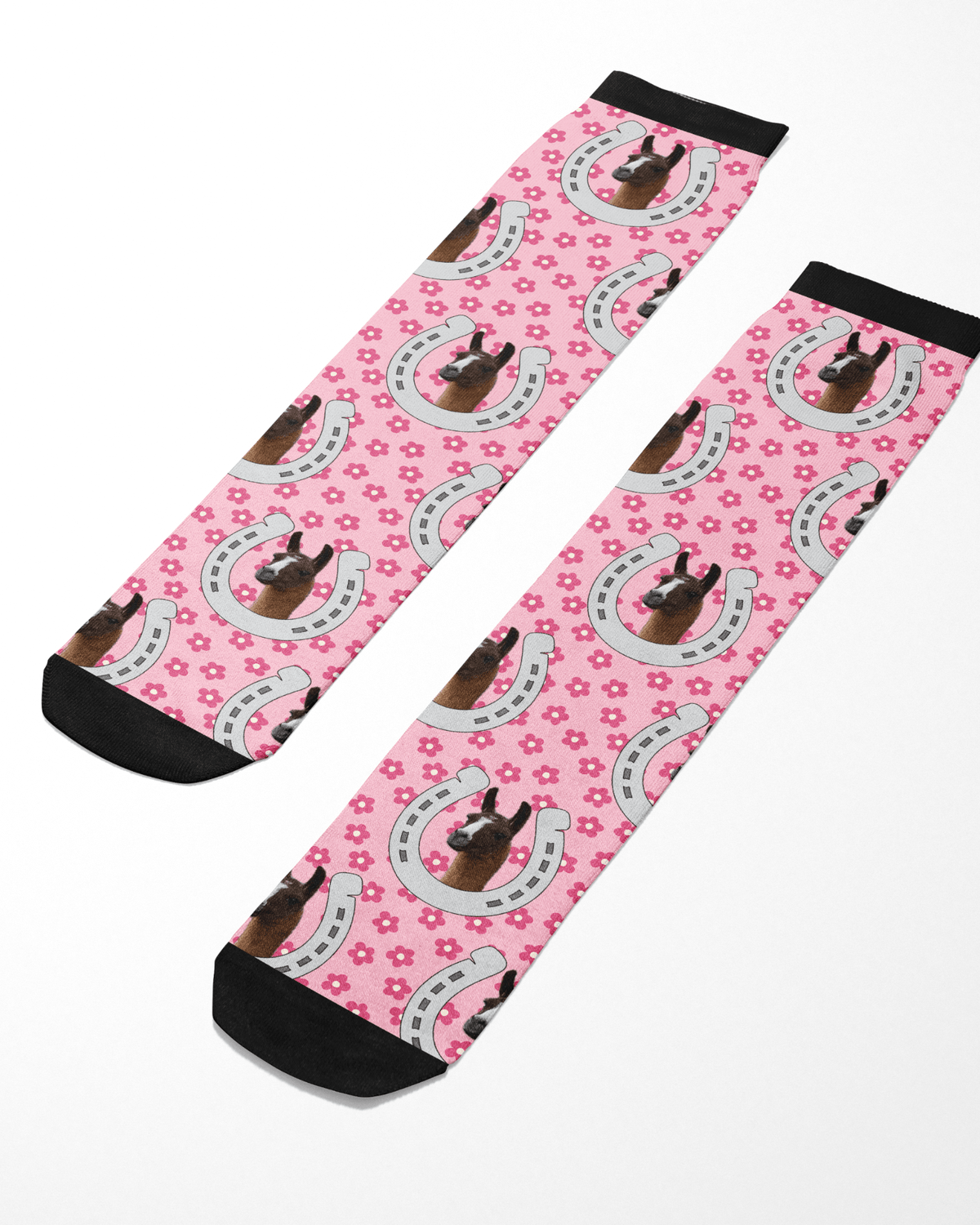 Custom horseshoe patterned pink socks with personalized horse photo and floral design