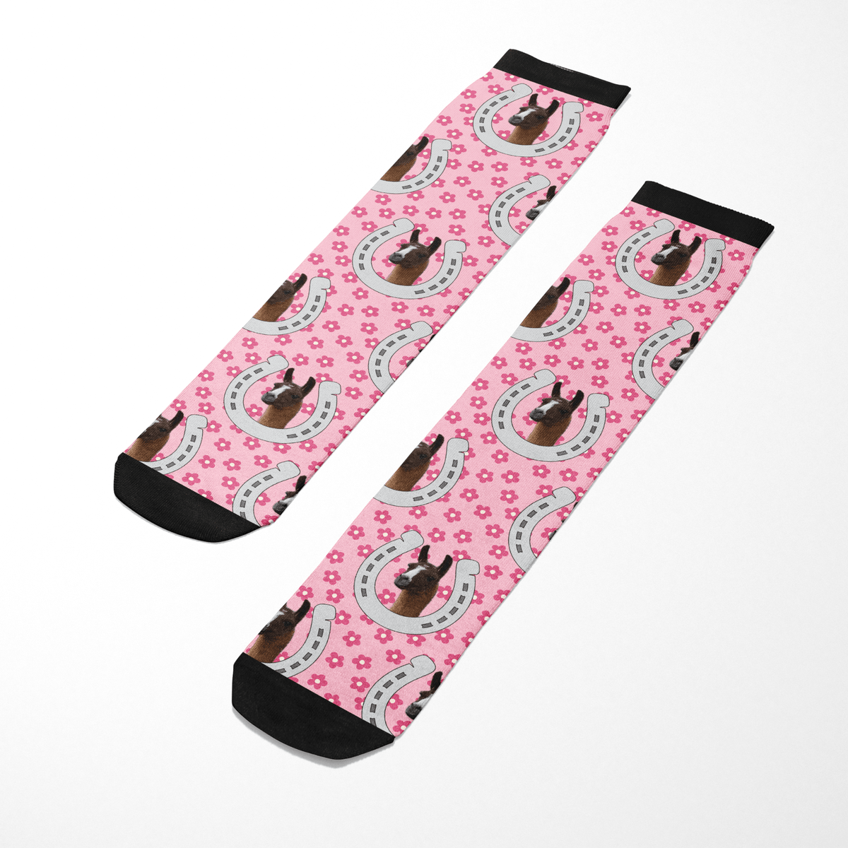 Custom horseshoe patterned pink socks with personalized horse photo and floral design