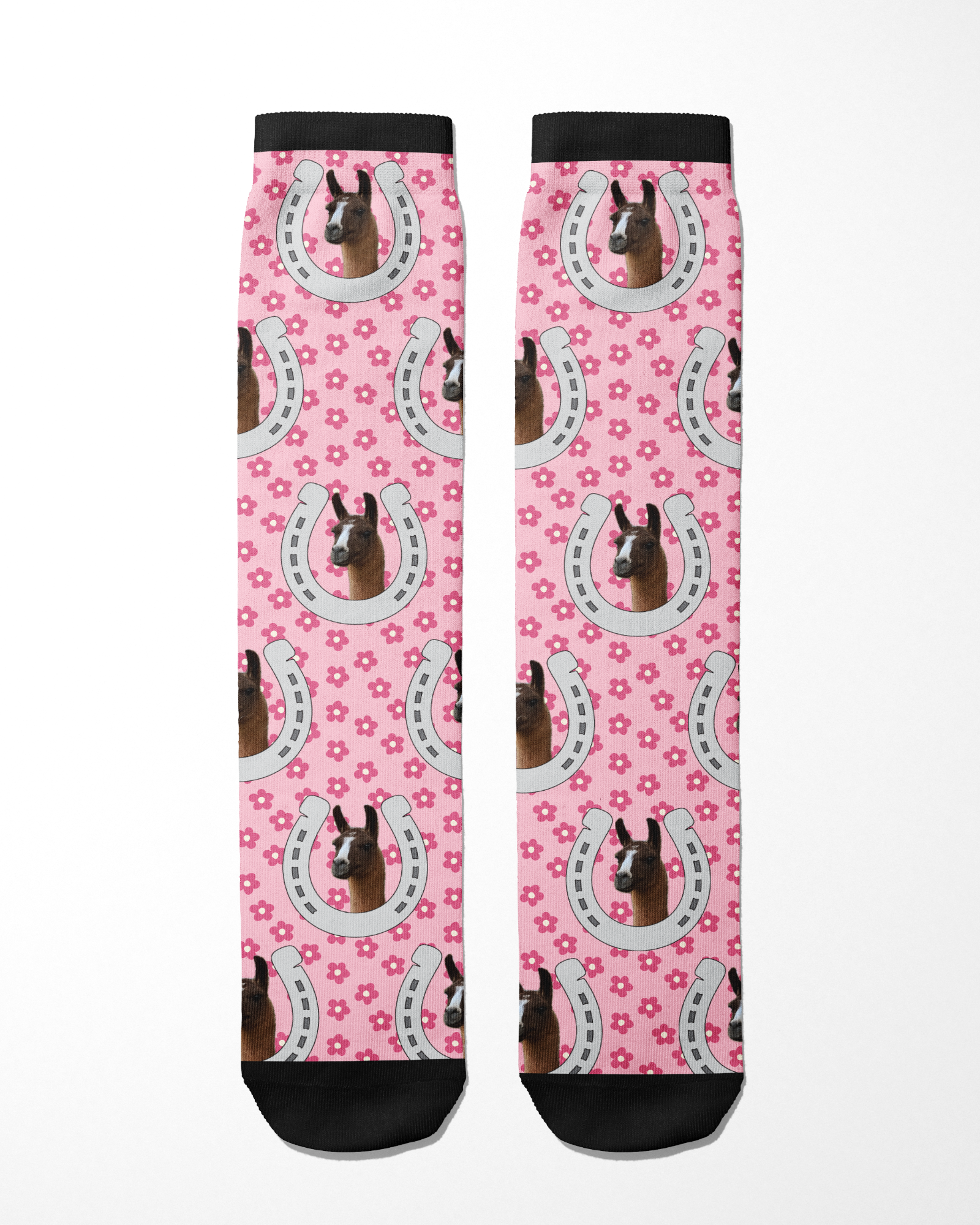 Custom horseshoe and horse photo printed on pink floral Dreamers & Schemers boot socks with black cuffs and toes