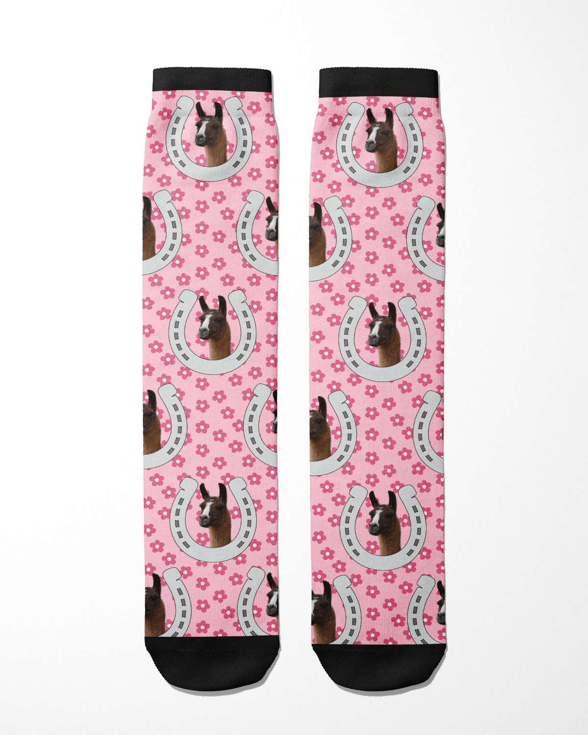 Custom horseshoe and horse photo printed on pink floral Dreamers & Schemers boot socks with black cuffs and toes