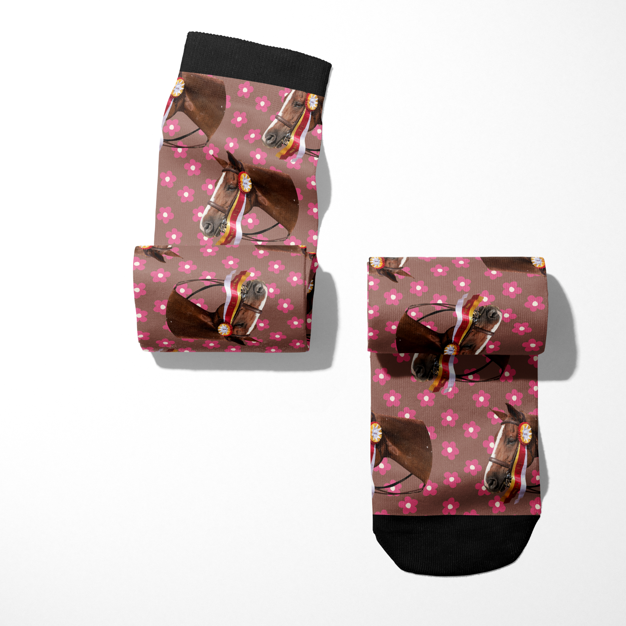 Custom solo socks with pink petals and horse photo design